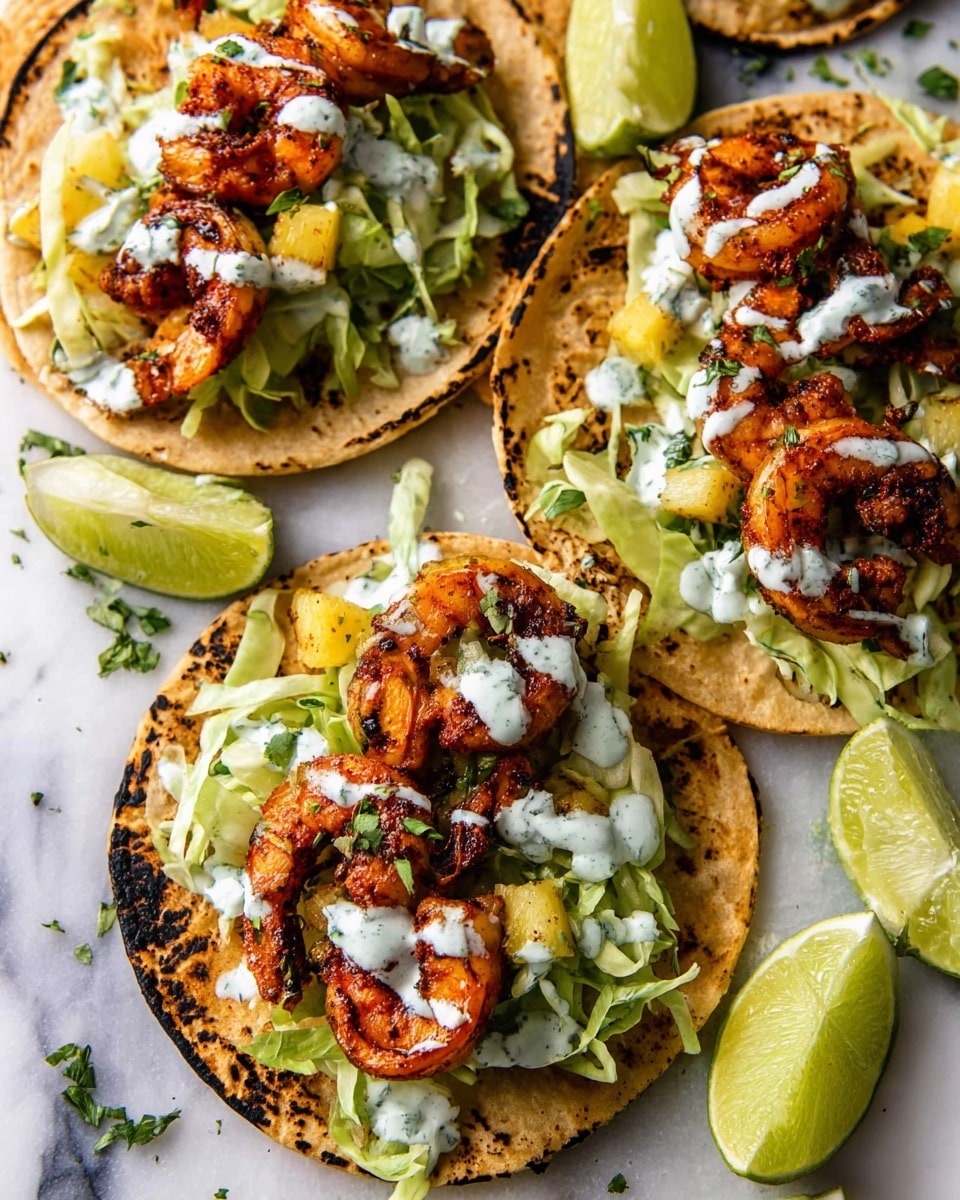 Three tacos lay on a white marbled surface, each with a soft, slightly charred corn tortilla base. The first layer inside the tortillas is light green shredded lettuce mixed with small cubes of fresh yellow pineapple. On top of this sits several pieces of dark orange grilled shrimp with a crispy char, arranged to show their curled shape and texture. A drizzle of white creamy sauce is spread over the shrimp, with small green herb pieces sprinkled across. Around the tacos, there are lime wedges with bright green skin and pale yellow inside, adding fresh color contrast. photo taken with an iphone --ar 4:5 --v 7