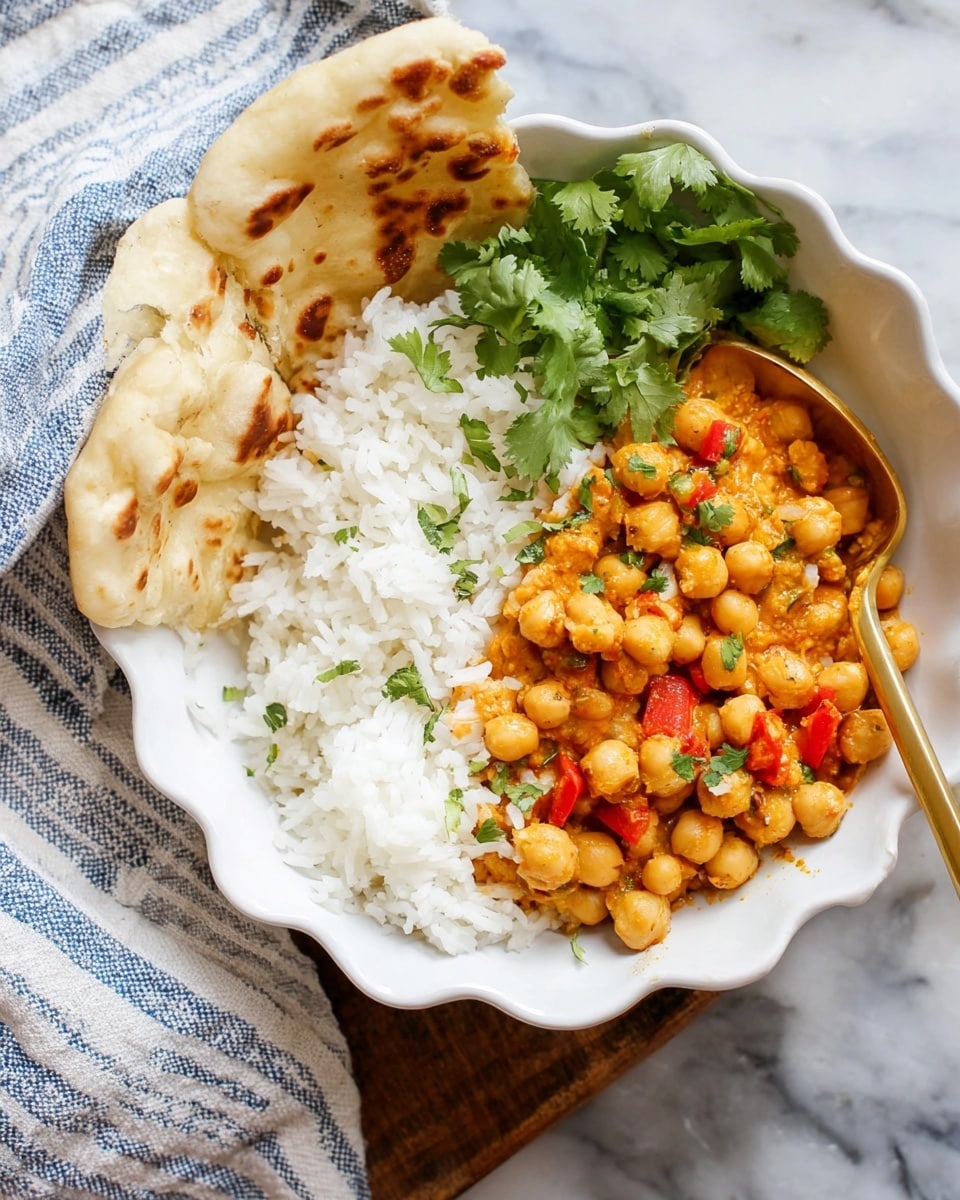 A white scalloped bowl contains three main layers: at the bottom, white fluffy rice; on the right side, a creamy mix of golden chickpeas with small pieces of red bell pepper and sauce; on the left side, fresh green cilantro leaves. A folded piece of flatbread with light brown spots rests on the edge of the bowl, leaning against the rice. A golden spoon is placed towards the back right side of the bowl. The bowl sits on a white marbled surface with a blue and white striped cloth nearby. Photo taken with an iphone --ar 4:5 --v 7