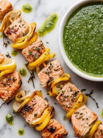 Grilled Salmon Skewers with Lemon and Basil Vinaigrette Recipe