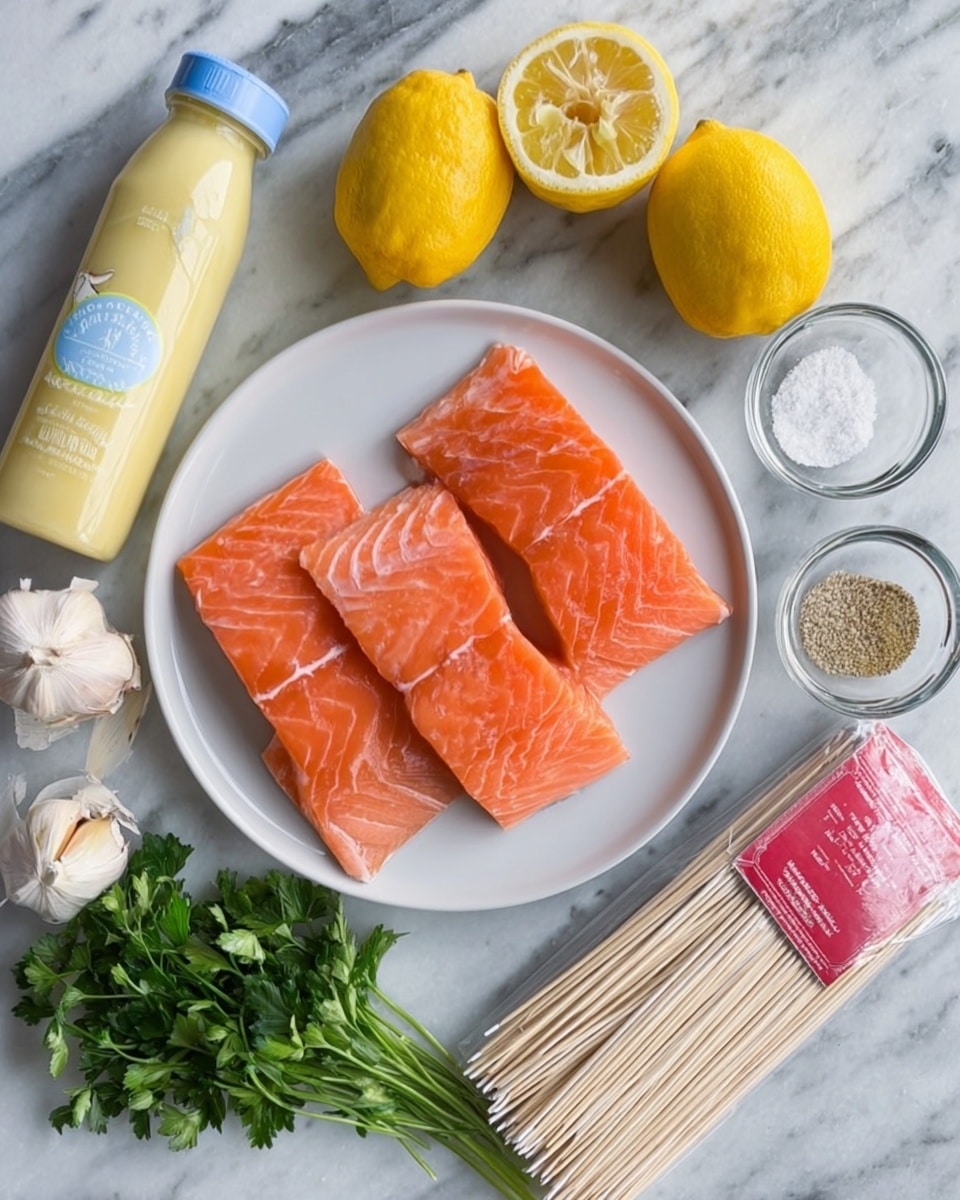 The image shows a white plate with four bright orange pieces of raw salmon that have visible thin white lines of fat running through them. Above the plate, there are two whole yellow lemons and one lemon cut in half, showing its juicy inside. To the right of the lemons, there are three small glass bowls, each holding fine pepper, salt, and a light yellow oil. Next to the bowls, there are two garlic cloves with the skins on. Below the garlic cloves, there is a small bunch of fresh green parsley. In the center near the bottom, there is a bottle filled with pale yellow sauce with a blue cap. On the far right side, a pack of uncooked white wooden skewers is wrapped with a red label. The scene is set on a white marbled surface. Photo taken with an iphone --ar 4:5 --v 7