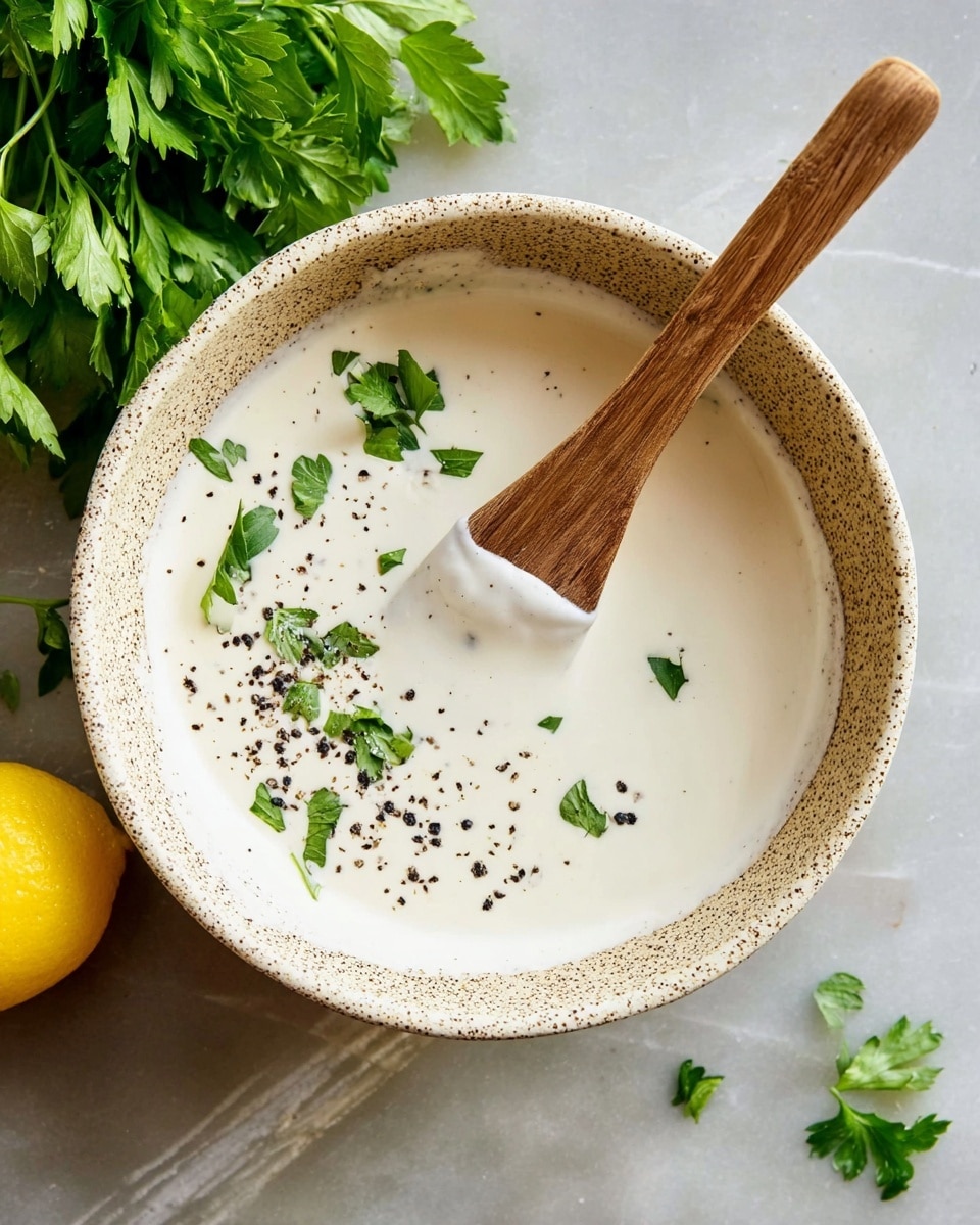 A white speckled bowl filled with a smooth, creamy white sauce sits on a white marbled surface. The sauce has small green parsley leaves and dark black pepper sprinkled on top, adding texture and color. A wooden spatula with a white silicone head rests inside the bowl, partially covered by the sauce. To the left side of the bowl, fresh green parsley is visible, and a bright yellow lemon is placed nearby on the surface. The photo taken with an iphone --ar 4:5 --v 7