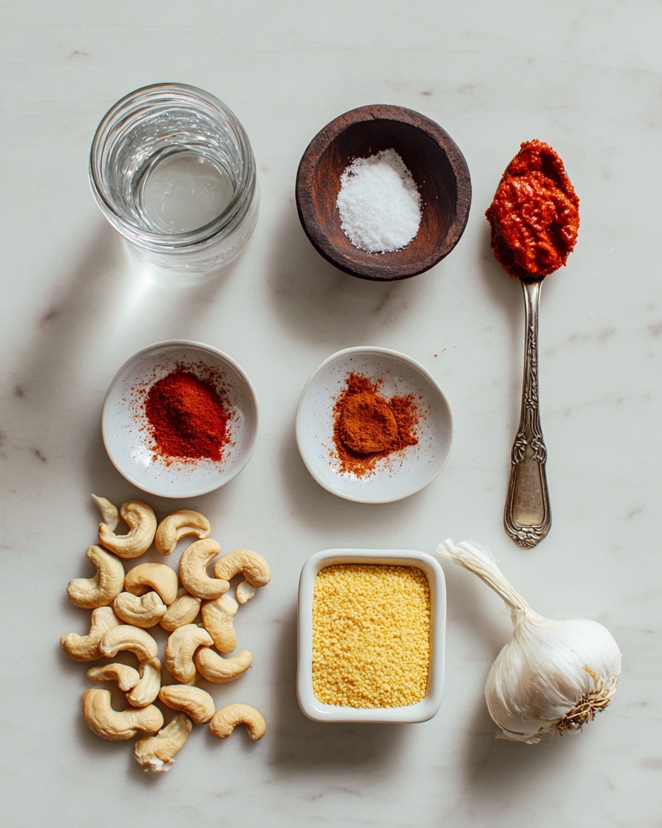 The image shows a flat white marbled surface with several cooking ingredients arranged in rows. On the top left is a small clear glass jar filled with water. Next to it on the right is a small dark wooden bowl holding white salt. On the far right at the top is a silver spoon with a bright red thick paste on it. Below the jar is a small white dish with a reddish-brown powder. In the middle, below the wooden bowl, there is another small white dish with a finer red spice powder. Further down on the left side is a pile of raw, light tan cashew nuts. In the middle bottom, there is a small white container filled with coarse yellow cornmeal. On the bottom right corner, there is a garlic bulb with a few garlic cloves separated and placed next to it. The photo taken with an iphone --ar 4:5 --v 7