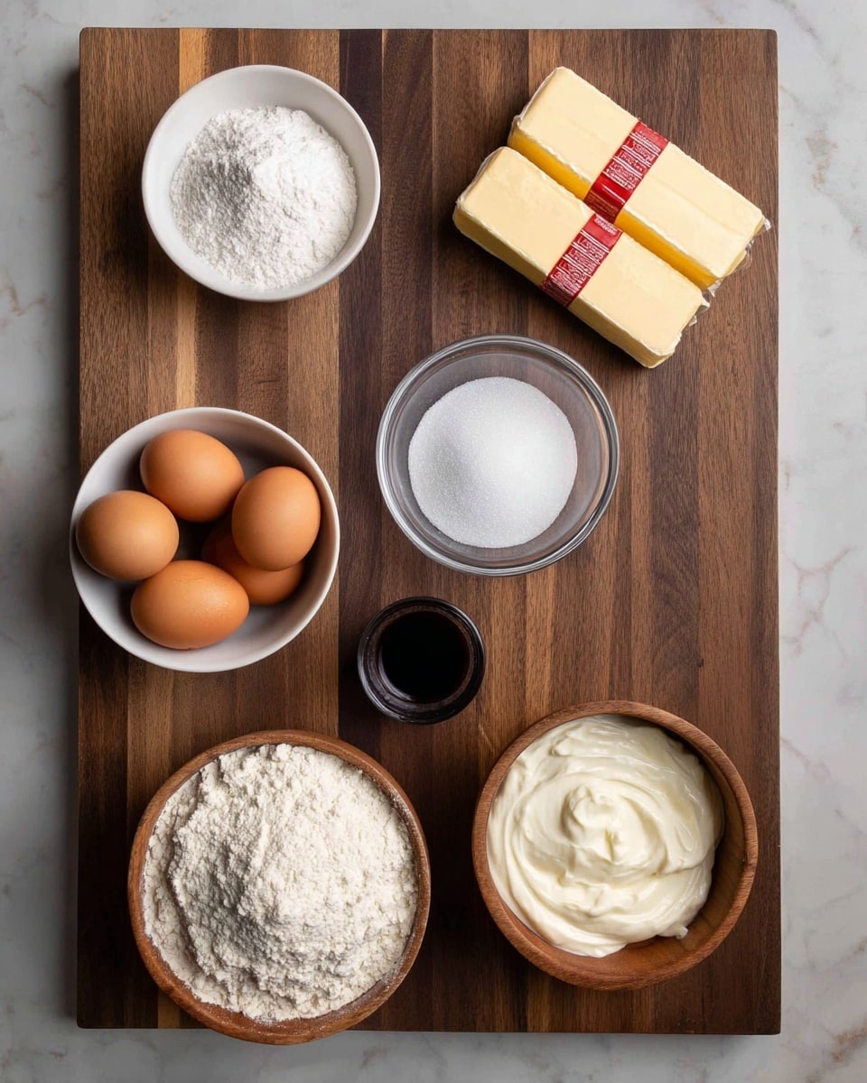 A top view of a wooden board with arranged baking ingredients on a white marbled surface. The board has two sticks of yellow butter with red markings placed in the top center. To the top left, there is a small black bowl holding white powders of baking soda and salt. On the right side near the top, a clear bowl filled with white granulated sugar is visible. In the bottom left corner, a white bowl is filled with white flour. Near the bottom right, a wooden bowl contains four brown eggs. Just above the eggs is a small silver cup with dark vanilla extract. Near the center bottom, a small clear glass bowl holds white cream cheese. The setting is clean and organized, with a focus on the varied textures and colors of the ingredients photo taken with an iphone --ar 4:5 --v 7