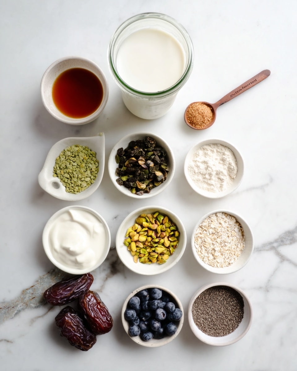 The image shows ten small white bowls and one glass jar arranged on a white marbled surface in a loose grid. At the top center, there is a tall glass jar filled with a white liquid. To the left is a small white bowl with a reddish-brown liquid, and to the right a small white bowl contains a light brown powder next to a small wooden spoon. Below the jar, two white bowls sit side by side, the left one filled with dark green pumpkin seeds and the right with yellow-green pistachios. Under these, another row of white bowls contains creamy white yogurt on the left and small light green hemp seeds on the right. Below that, a white bowl with three dark brown dates is to the left, and to the right, a white bowl filled with tiny black chia seeds. At the bottom is a white bowl filled with dark blueberries. Photo taken with an iphone --ar 4:5 --v 7