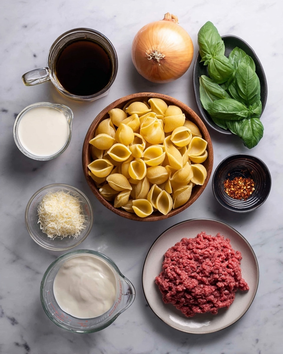 The image shows a set of cooking ingredients arranged neatly on a white marbled surface. At the center right, there is a wooden bowl full of yellow shell pasta. Above it, green fresh basil leaves are placed. To the right side of the bowl, a small black dish contains red chili flakes. Above that, a whole yellow onion with some skin is visible. Below the onion, a small clear glass bowl holds grated white cheese. On the bottom right, a white round plate holds raw ground meat with a rich red color. To the bottom left of the pasta bowl, a garlic bulb with rough skin is placed. Above the garlic, there is a small clear glass measuring cup filled with white cream. At the bottom left corner, a larger clear glass measuring cup contains a dark brown liquid. Above it is a small bottle with a black lid and next to it, a closed can with a silver lid. The whole scene is bright and clearly lit. Photo taken with an iphone --ar 4:5 --v 7