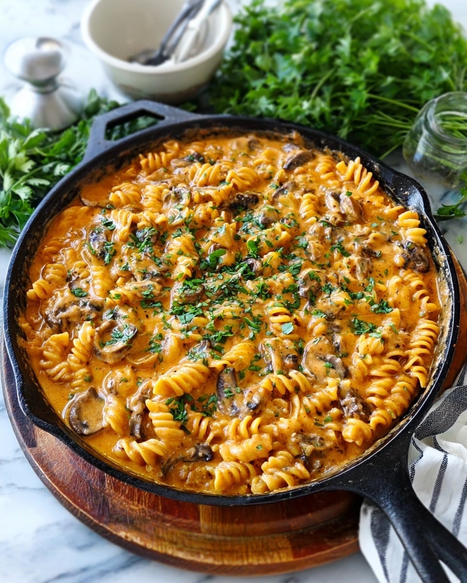 The image shows a round black cast iron pan filled with creamy orange pasta topped with chopped green herbs. The pasta is visible as spirals and is mixed with mushrooms and sauce that looks rich and smooth. The dish is placed on a wooden table with fresh green herbs and a white bowl in the background, all on a white marbled surface. The photo was taken with an iphone --ar 4:5 --v 7