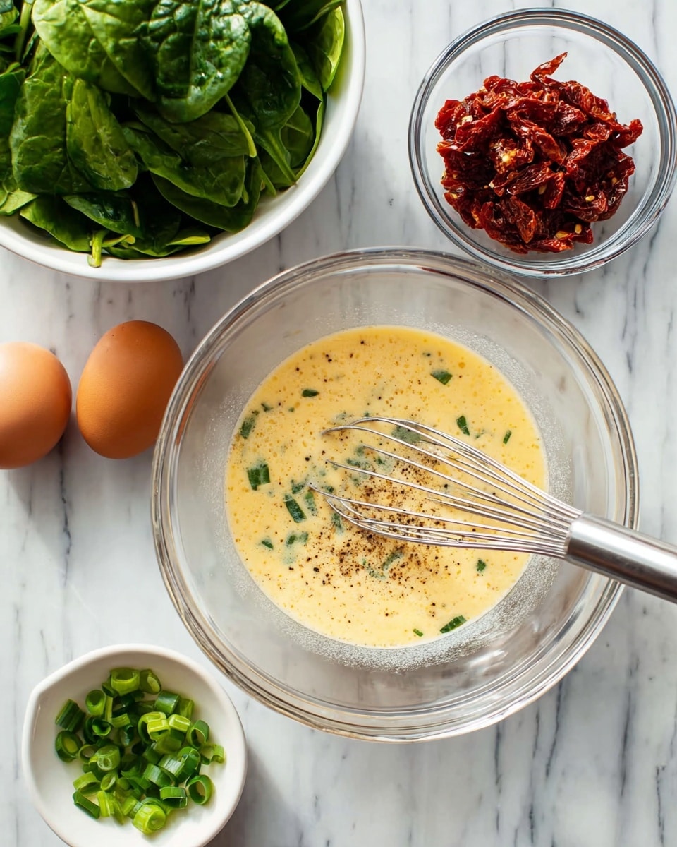 A clear glass bowl in the center holds a light yellow mixture with visible black pepper and a metal whisk inside it, resting on a white marbled surface. To the left, there are two brown eggs and a small clear glass bowl with red sun-dried tomatoes. Below the main bowl, a small white bowl contains chopped green onions. In the top left, a white bowl is filled with fresh green spinach leaves. photo taken with an iphone --ar 4:5 --v 7