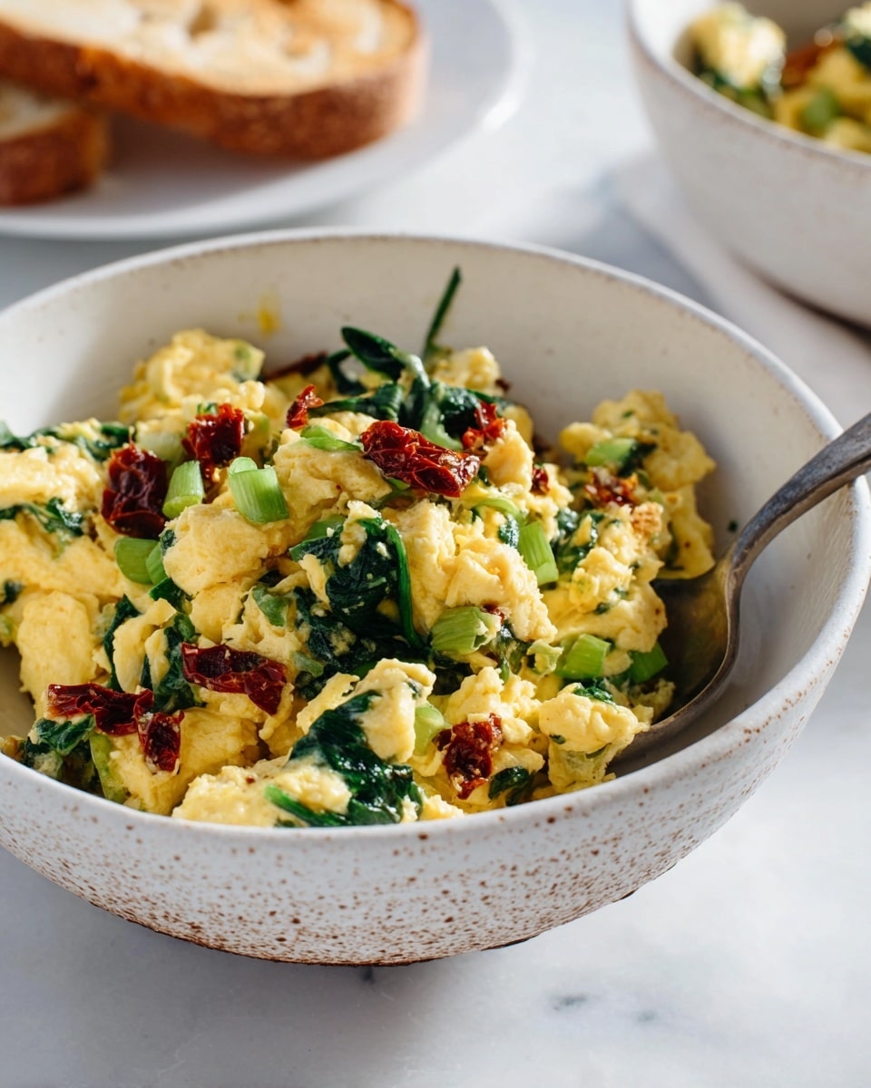 A close-up of scrambled eggs mixed with bright green spinach leaves and scallions, scattered with small dark red sun-dried tomato pieces, all inside a white bowl with brown speckles, placed on a white marbled surface; in the background, there is a white plate with two toasted slices of bread slightly blurred, and a silver spoon peeks into the bowl on the right side, photo taken with an iphone --ar 4:5 --v 7
