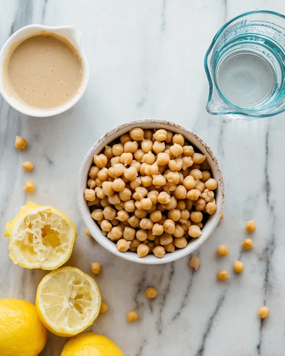 In the center of the image, a white bowl filled with light brown chickpeas sits on a white marbled surface. Surrounding the bowl are multiple squeezed yellow lemon halves scattered around. To the left, there is a smaller white bowl with a light tan creamy sauce. In the top right corner, there is a clear glass measuring cup containing water. The whole scene has a clean, fresh look highlighting simple ingredients. photo taken with an iphone --ar 4:5 --v 7