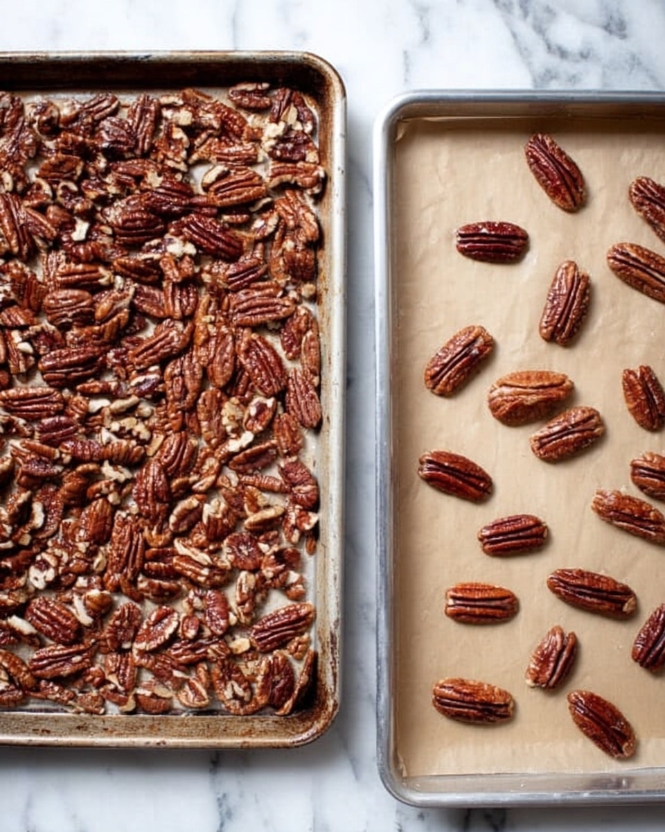 The image shows two baking trays on a white marbled surface, both lined with light brown parchment paper. The tray on the left is filled with many pecan halves and pieces spread out closely over the entire surface, showing their rich brown color and textured ridges. The tray on the right has fewer pecan halves, spaced apart, each with a shiny, smooth surface and deep brown tones. The trays have a worn metallic look around the edges. Photo taken with an iphone --ar 4:5 --v 7