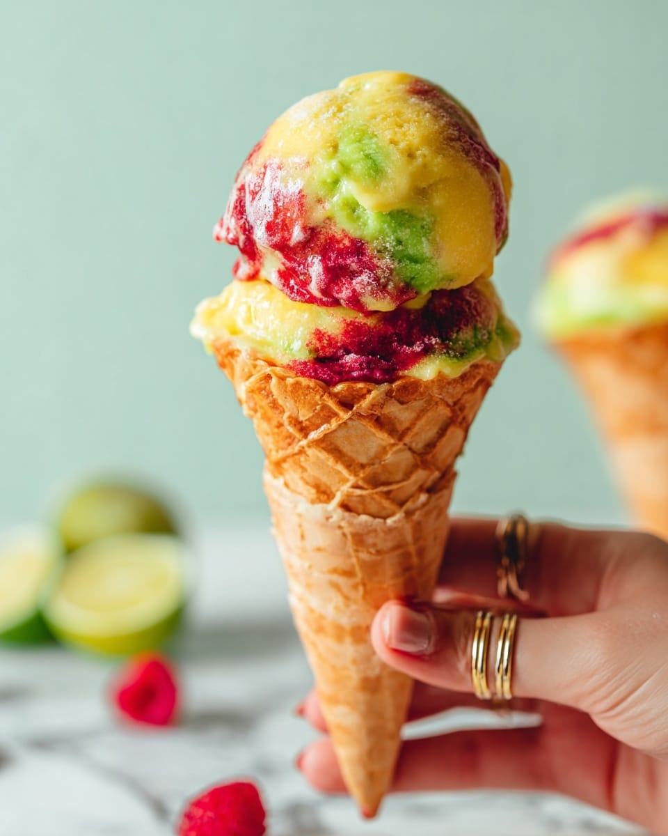 Two waffle cones filled with three scoops of colorful ice cream in red, green, and yellow swirls sit inside a clear glass jar. The ice cream textures appear creamy and slightly rough, with the colors mixed unevenly, creating a bright and playful look. Around the jar, there are fresh lime slices and red raspberries placed on a white marbled surface, next to a soft pink cloth. The background is a smooth light gradient from pale green to soft pink. photo taken with an iphone --ar 4:5 --v 7