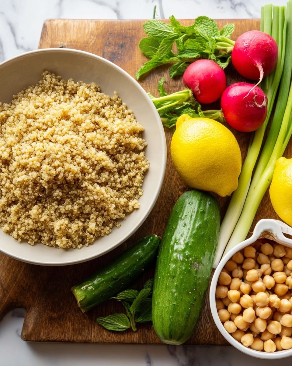 The image shows two parts: on the left, there is a white bowl filled with cooked light brown quinoa, with a soft texture that fills the bowl almost to the top; on the right, fresh ingredients are arranged on a wooden board, including bright green parsley and mint leaves at the top left, three bright red radishes with green stems near the center, two whole yellow lemons — one near the top right and one near the bottom center — two green onions with roots at the top right, a half cucumber with a bright green skin and light green flesh on the far right, and a white measuring cup filled with round, beige chickpeas at the bottom right. The background is a white marbled surface photo taken with an iphone --ar 4:5 --v 7
