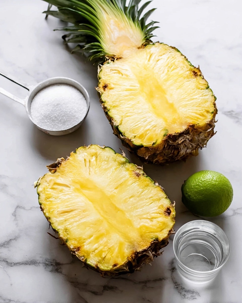 Two halves of a pineapple are placed on a white marbled surface, showing the bright yellow juicy flesh with the brown, rough skin and green spiky leaves on top. Near the pineapples, there is a small round white metal measuring cup filled with white granulated sugar, a whole green lime, and a small clear glass cup with a little water inside. The whole scene is set on a bright white marbled table, capturing the fresh and natural colors. photo taken with an iphone --ar 4:5 --v 7