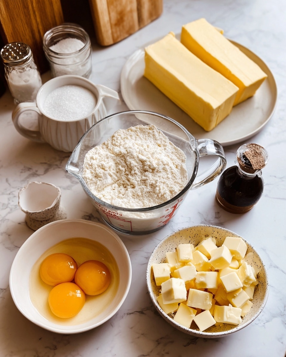 The image shows a preparation area on a white marbled surface with six main items arranged close together. In the front left, there is a small white bowl containing three cracked eggs with bright yellow yolks and clear whites. Next to it on the right is a larger white measuring cup filled halfway with granulated white sugar. Behind the eggs, a white plate holds two large sticks of yellow butter with smooth surfaces. Central to the image is a clear glass measuring jug filled with white flour, with the flour forming a soft, powdery texture on top. To the right of the flour jug, a white bowl with speckles contains many small cubes of pale yellow butter. Between the butter cubes and eggs is a small dark brown bottle, likely vanilla extract. In the background, there are some jars and a wooden board on the same white marbled surface, helping frame the ingredients. photo taken with an iphone --ar 4:5 --v 7