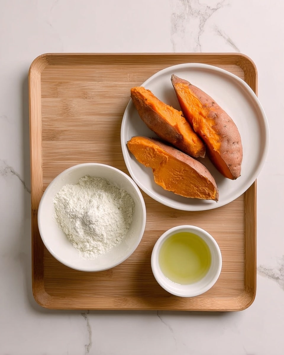 The image shows a wooden tray placed on a white marbled surface. On the tray, there is a white plate with four boiled sweet potatoes that are orange inside and have slightly rough, darker brown skin. Next to the plate, there is a white bowl filled with a fine white powder, likely flour. Below that bowl, there is a small white cup containing a clear, light green liquid, probably oil. The setup is simple and neat with soft lighting. photo taken with an iphone --ar 4:5 --v 7