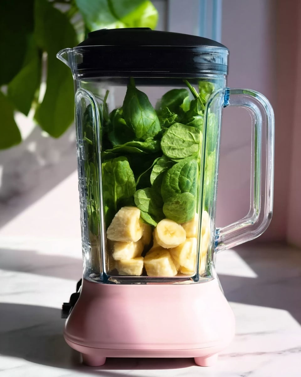 A clear blender jar with a black handle sits on a pink blender base, filled with layers of fresh green spinach leaves on top and light yellow banana chunks at the bottom. The background shows a soft focus of green leaves and bright light. The blender is positioned on a white marbled surface photo taken with an iphone --ar 4:5 --v 7