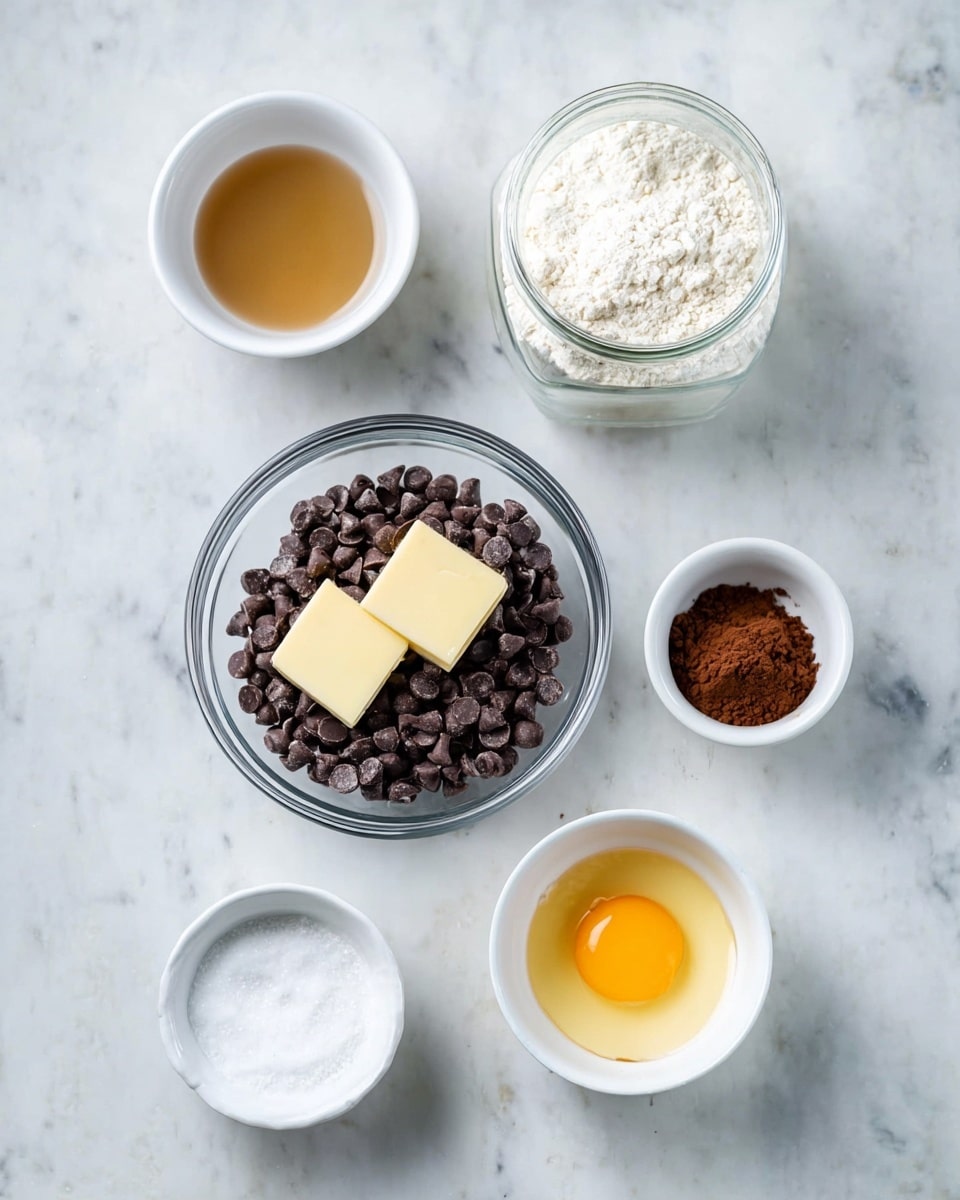 The image shows seven small containers of baking ingredients arranged on a white marbled surface. In the center is a clear glass bowl filled with dark brown chocolate chips topped by two square pieces of pale yellow butter. To the upper left is a small white bowl with a light brown liquid, and just below it, another small white bowl holds white salt crystals. Above the center bowl is a clear glass jar filled with white flour. To the upper right of the flour jar, there is a white bowl with brown cocoa powder. Below the center bowl are two small white bowls; the left one contains white sugar, and the right one has a cracked raw egg with a golden yolk and clear egg white. The containers are neatly spaced and the image is lit evenly. Photo taken with an iphone --ar 4:5 --v 7
