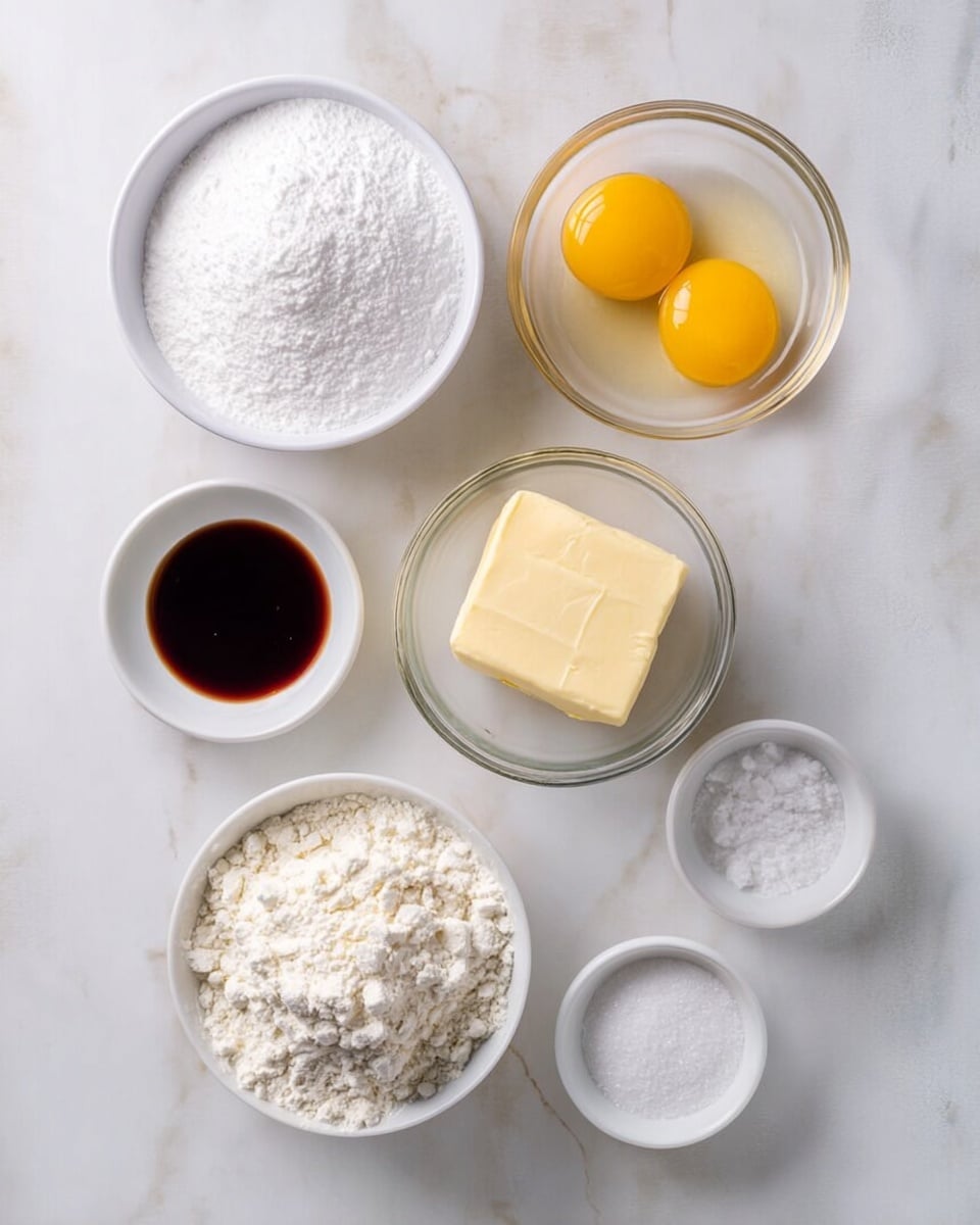 The image shows seven small glass and white bowls with different ingredients arranged on a white marbled surface. At the center, a clear glass bowl holds a smooth pale yellow block of butter. Above the butter bowl, a small clear glass bowl contains two raw eggs with bright yellow yolks and clear whites. To the left of the eggs, a white bowl is filled with fine white sugar. Below the sugar, a larger white bowl is heaped with white flour, slightly mounded with a powdery texture. To the right of the flour, two small white bowls hold fine white baking powder and salt, respectively. Above the butter bowl and between the sugar and the eggs, a tiny white bowl contains a dark brown liquid, likely vanilla extract. photo taken with an iphone --ar 4:5 --v 7