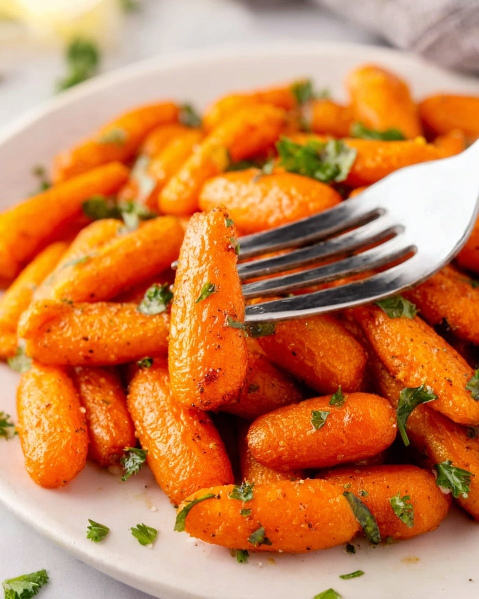 The image shows a close-up of a pile of small orange roasted carrots with a slightly crispy texture and light seasoning, topped with small green parsley leaves scattered over the carrots. A silver fork is piercing one of the carrots in the center from the top left side. The plate they are on is white, sitting on a white marbled surface in the background. The warm orange color of the carrots contrasts nicely with the fresh green parsley and the shiny silver fork. photo taken with an iphone --ar 4:5 --v 7