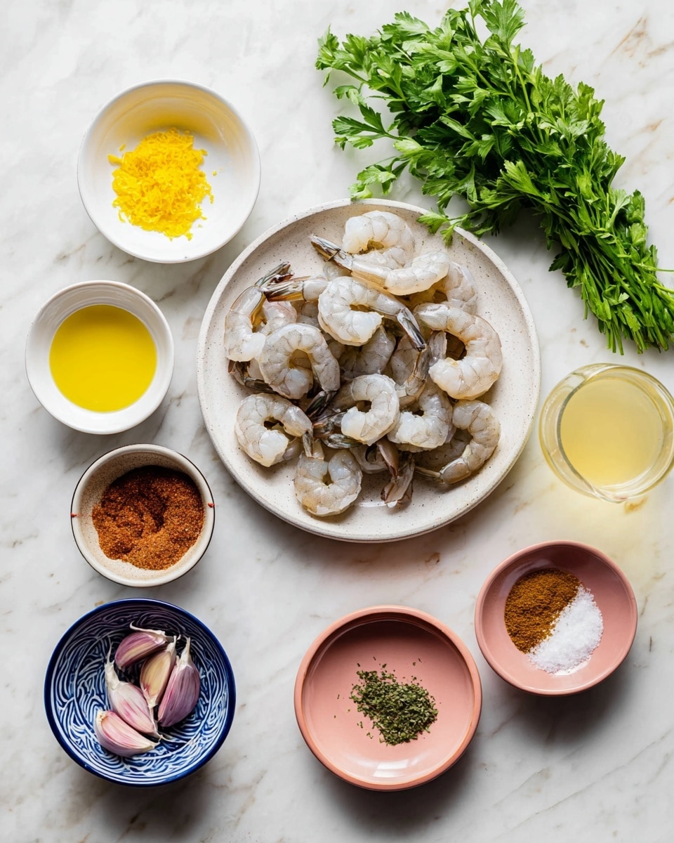 A white plate holds many peeled shrimp with tails on, arranged loosely and showing their light gray and translucent shells. Around it, small white bowls hold different ingredients: one with yellow lemon zest, one with white salt, one with golden honey, and another with light yellow oil. Two other bowls, one white and one pink, hold brownish-red spices and green herbs. A small blue and white bowl contains cloves of garlic, light purple with white stripes. A glass container with a pale yellow liquid stands near the plate, and a bunch of fresh green parsley sits on the white marbled surface nearby. photo taken with an iphone --ar 4:5 --v 7