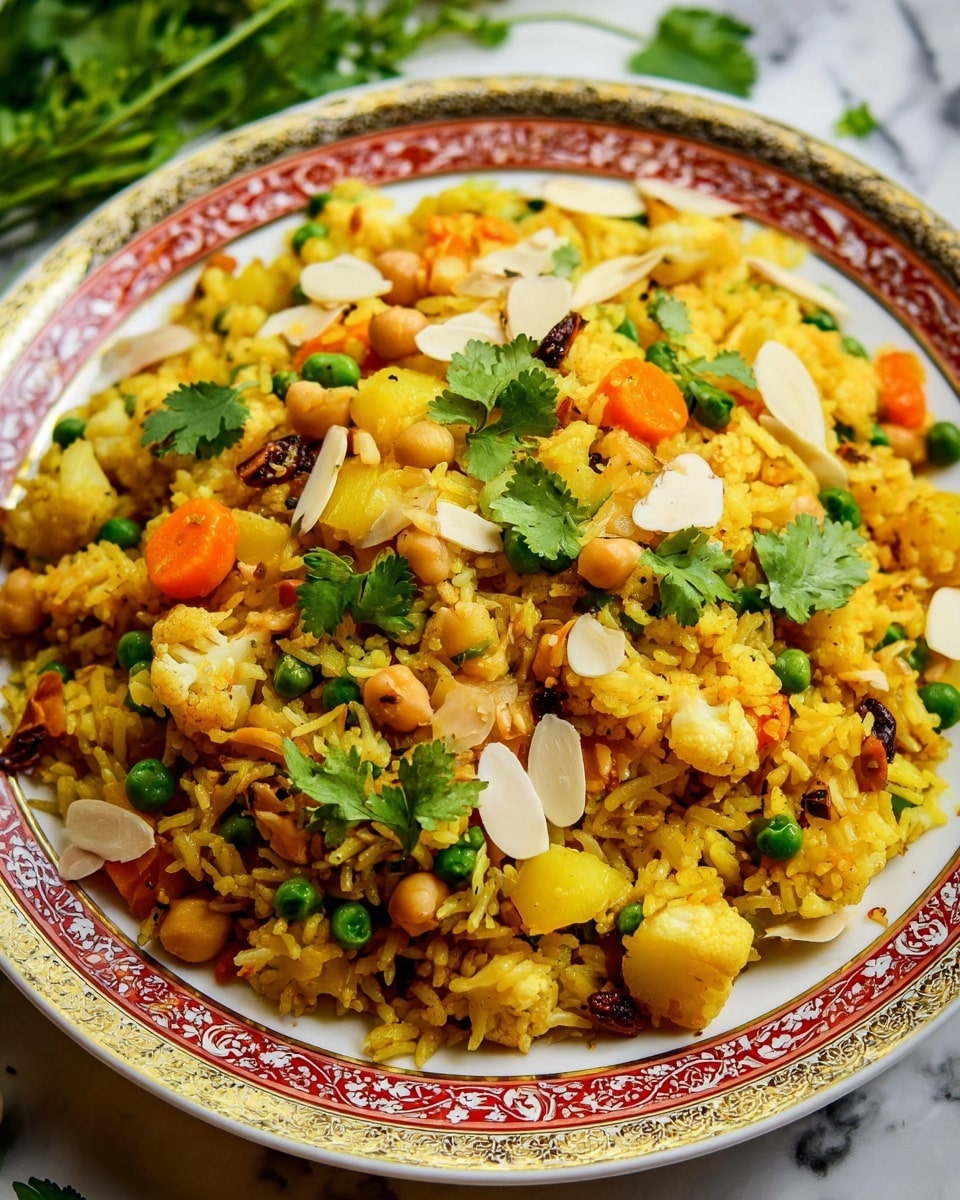 The dish is a colorful mixed rice served on a white plate with an intricate gold and red border. The rice is yellow and fluffy, mixed with layers of green peas, chickpeas, and small cubed yellow potatoes, scattered evenly throughout. There are bright orange carrot slices and light brown cauliflower florets visible across the dish. Thin white almond slices are sprinkled on top along with fresh green cilantro leaves placed evenly as a garnish. The plate sits on a white marbled surface with some green leafy herbs blurred in the background. Photo taken with an iphone --ar 4:5 --v 7