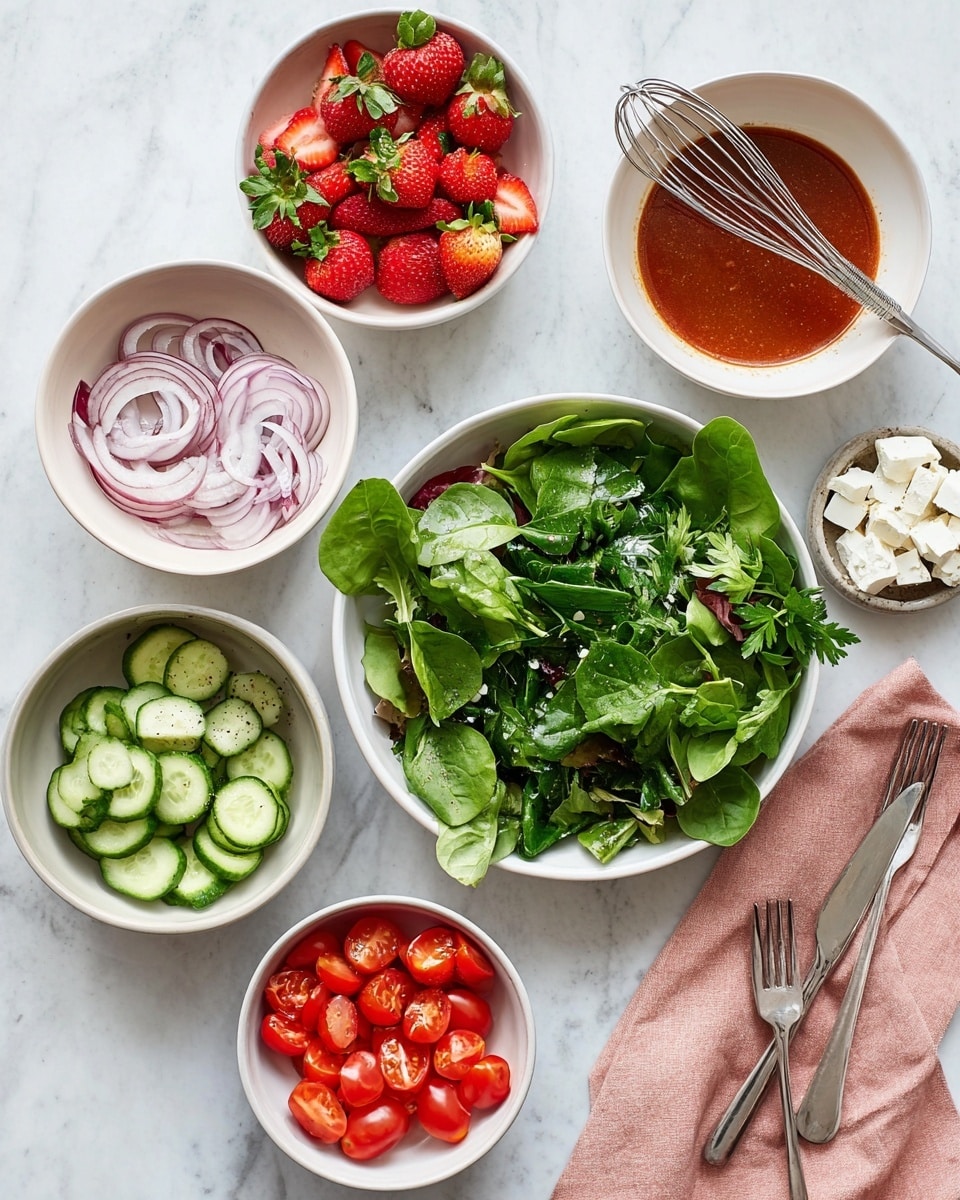 A top view of six white bowls arranged on a white marbled surface, each containing fresh ingredients for a salad: one large bowl filled with mixed leafy greens including spinach and parsley at the center-right; one bowl with sliced red strawberries topped with parsley at the bottom-left; one bowl with halved cherry tomatoes at the bottom center; one bowl with white feta cheese cubes at the top right; one bowl with sliced cucumber rounds at the middle-left; one bowl with thinly sliced red onion rings near the top-left; and a larger bowl near the top center holding a reddish-brown salad dressing with a silver whisk inside. There is a light pink cloth with a fork and knife on the right side. Photo taken with an iphone --ar 4:5 --v 7