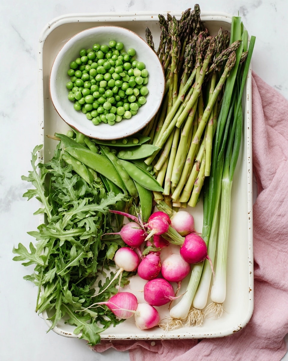 A white rectangular tray holds a variety of fresh vegetables arranged neatly. On the left, there is a small round white bowl filled with bright green peas. Below the bowl, fresh dark green arugula leaves spread out slightly. In the center, a bunch of green asparagus stalks lay side by side. On the lower right, several radishes in shades of pink and white are grouped together. On the far right, there are a few long green onions with white bulbs. The tray sits on a soft pink cloth, all placed on a white marbled surface. Photo taken with an iphone --ar 4:5 --v 7