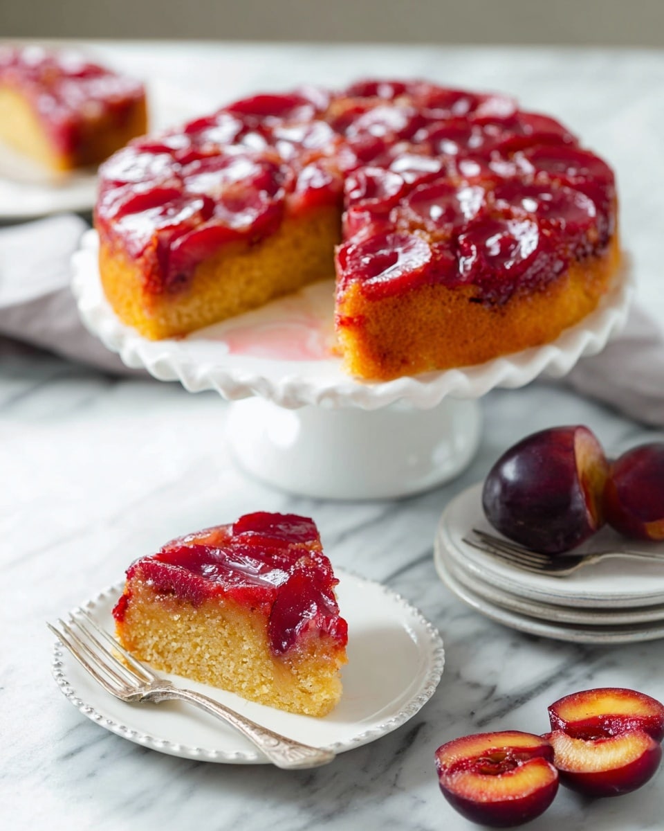 A round, upside-down plum cake with one slice removed, showing two layers: the top layer made of shiny, soft, red plum pieces arranged closely, and the bottom layer a golden yellow moist cake. The cake sits on a white cake stand with a scalloped edge on a white marbled surface. In the foreground, a white plate holds the removed slice next to a silver fork. Nearby, a white plate displays three halved plums with deep red and purple skins and bright red flesh inside. A blurred piece of the cake is on another small white plate with a silver fork in the background. Photo taken with an iphone --ar 4:5 --v 7