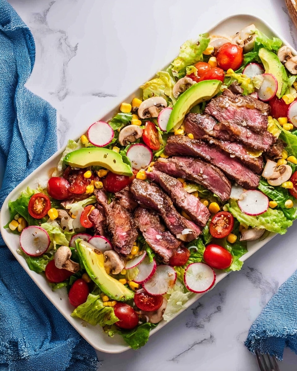 The image shows a white rectangular plate on a white marbled surface filled with a colorful salad. The base layer is green lettuce leaves spread evenly across the plate. On top of the leaves, there are several juicy red tomato slices and white pieces of small round cheese balls scattered around. There are also thin slices of radish and small pieces of grilled yellow corn sprinkled over the salad. The main focus is on the grilled steak slices placed in two groups diagonally on the plate, showing a pink and brown color with grill marks. On one side, there are two slices of avocado with a grilled texture, adding a smooth green layer. Finally, small pieces of green onions are sprinkled over the whole dish, adding a fresh touch photo taken with an iphone --ar 4:5 --v 7