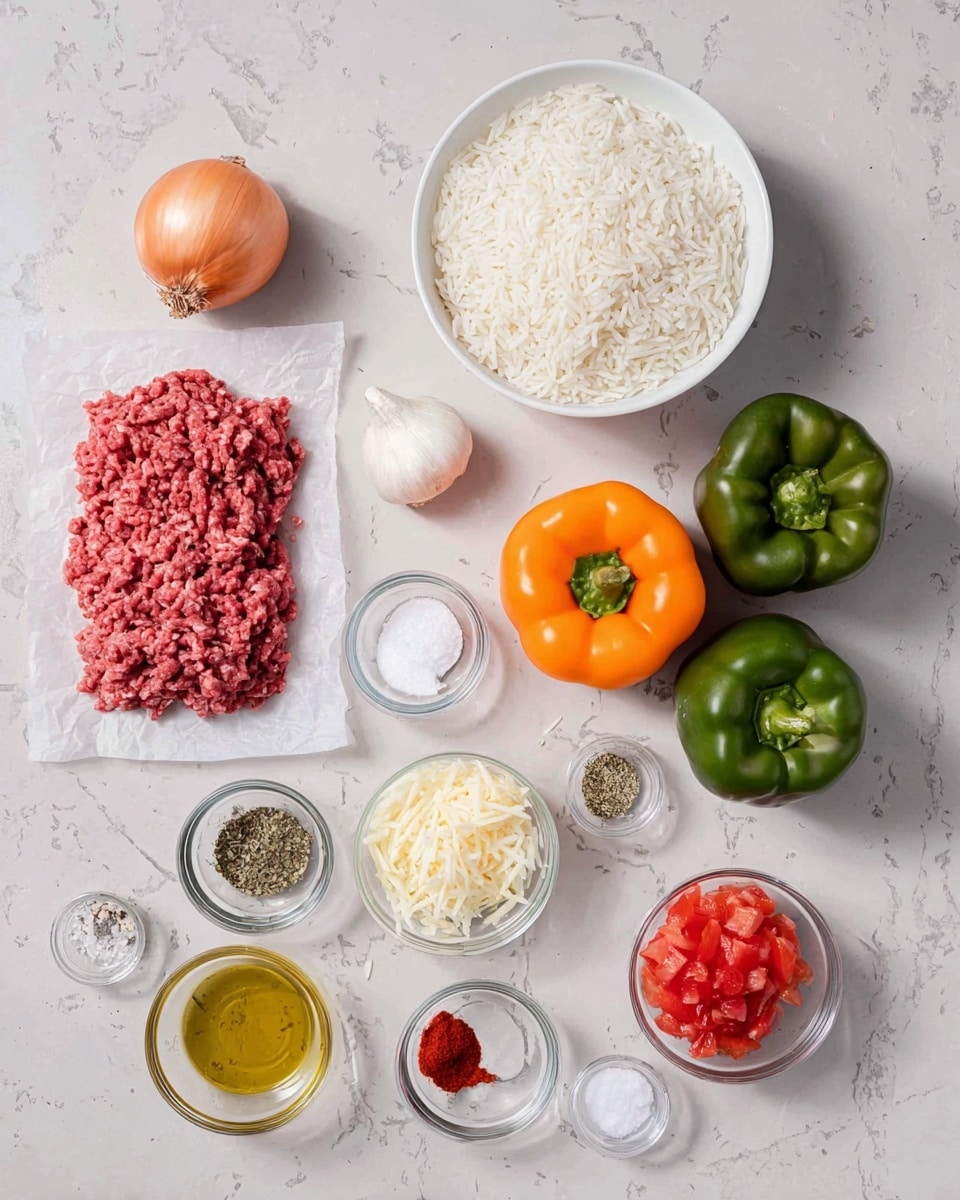The image shows various cooking ingredients neatly arranged on a white marbled surface. At the bottom left, a pile of raw ground meat sits on white parchment paper, next to a small whole yellow onion. To the right, a large white bowl is filled with white cooked rice. Above this, two whole bell peppers, one orange and one green, rest side by side. To their left, two garlic cloves are placed. Small glass bowls containing chopped red tomatoes, shredded white cheese, tomato paste, olive oil, water, black pepper, red pepper flakes, dried oregano, and salt are scattered throughout the image in a grid-like pattern. The overall layout is clean and organized, showing fresh and prepared ingredients before cooking. photo taken with an iphone --ar 4:5 --v 7