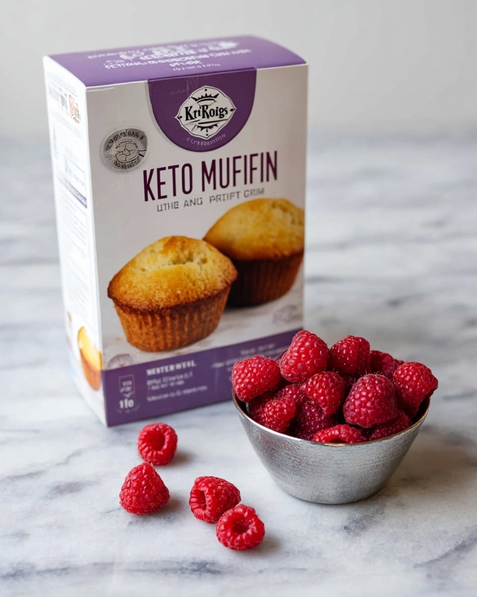 A close-up image shows a white box of King Arthur Baking Company all-purpose keto muffin mix standing on a white marbled surface. Next to the box, there is a small silver bowl filled with bright red raspberries, and a few raspberries are scattered loosely on the surface in front of it. The box itself has a purple top edge and pictures of two golden-brown muffins on the front, with clear text highlighting