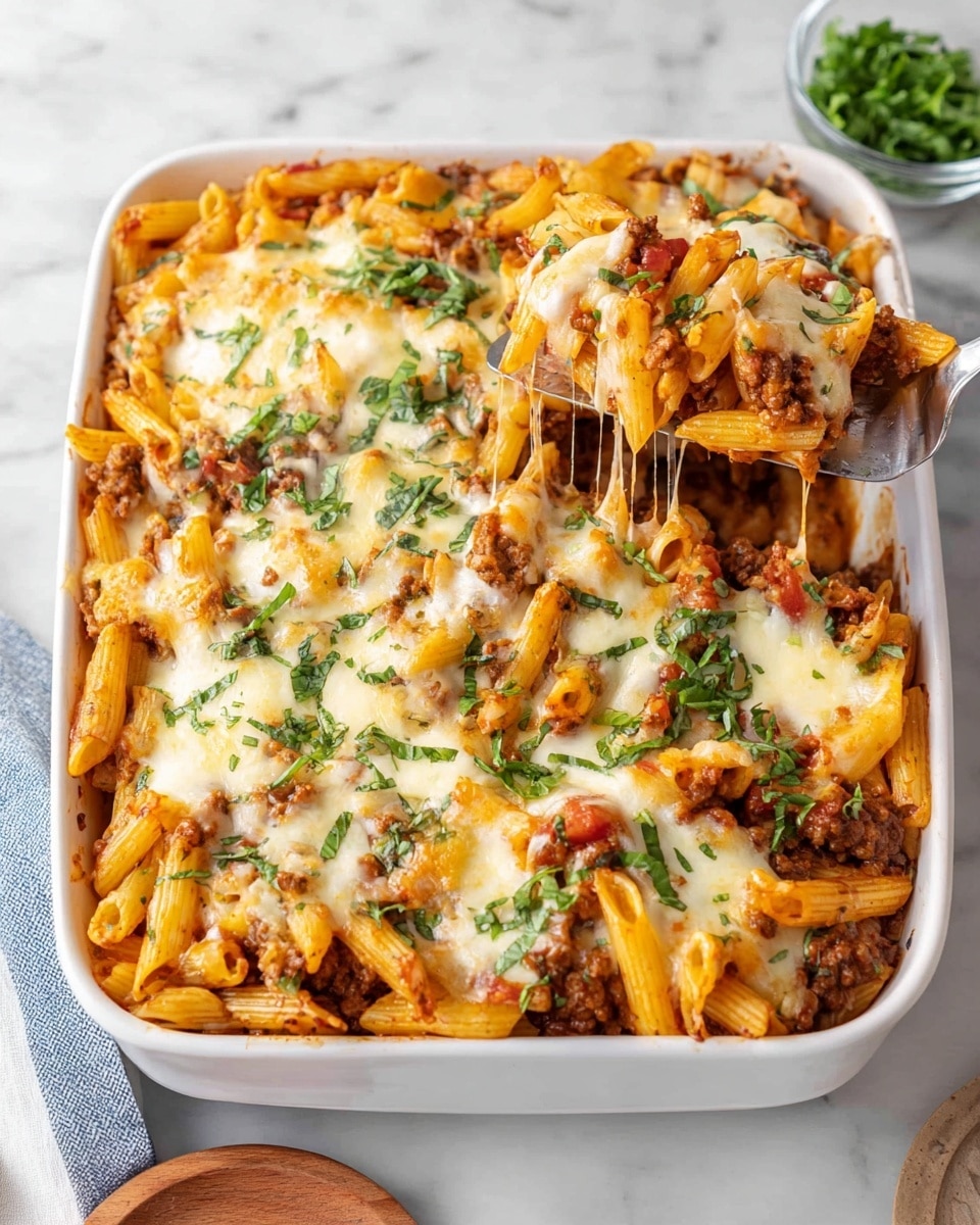 A white rectangular dish holds a baked pasta meal with three visible layers: the bottom layer is made of penne pasta cooked to a soft golden yellow, the middle layer has chunky browned ground meat mixed with red tomato pieces and sauces, and the top layer is melted white cheese with golden brown spots, sprinkled with fresh green basil leaves finely chopped. A metal spatula is lifting a serving of pasta, showing thick, stretchy melted cheese pulling away from the dish. The dish sits on a white marbled surface next to a small clear bowl of chopped basil leaves and a wooden round object nearby. Photo taken with an iphone --ar 4:5 --v 7