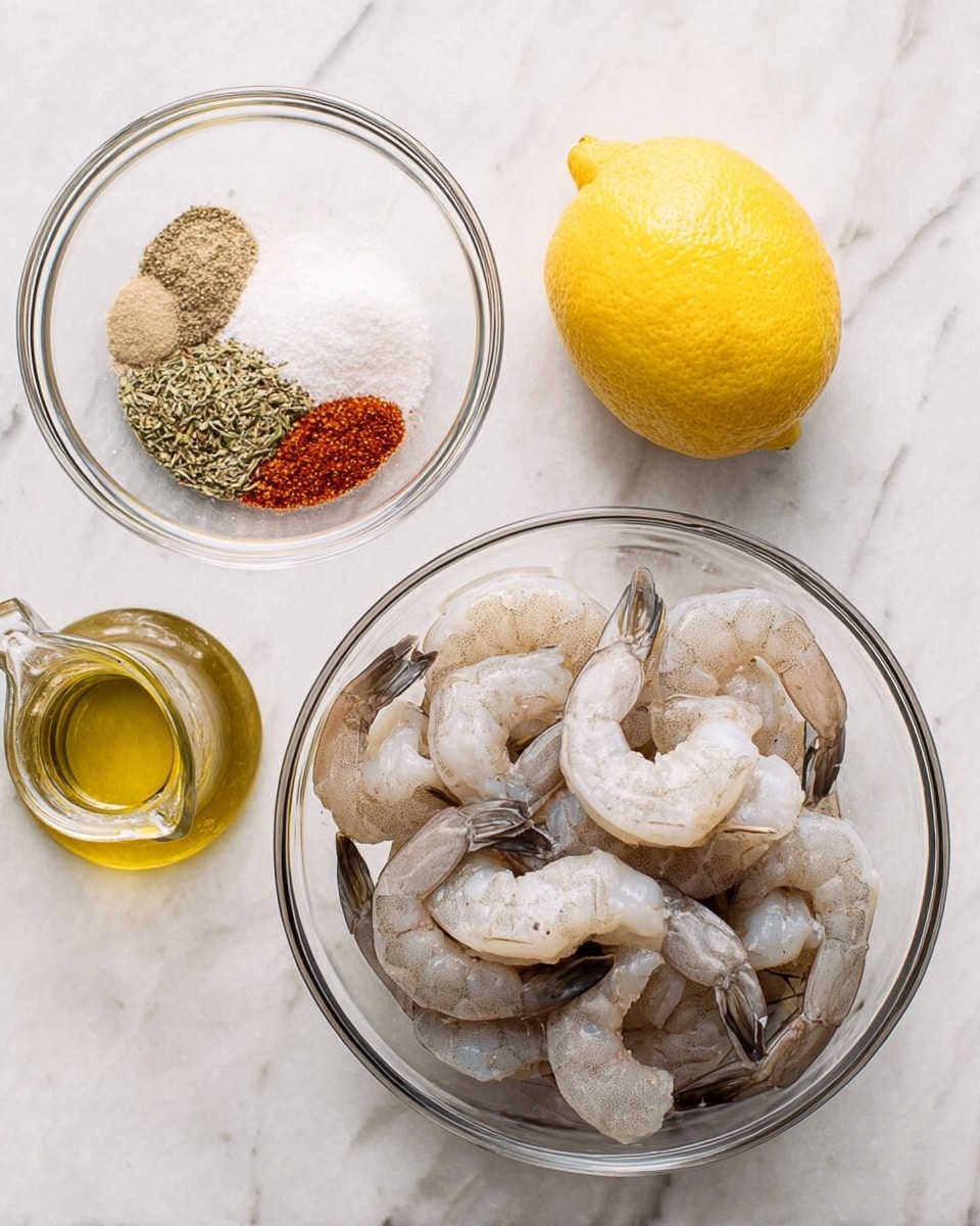 A clear glass bowl on the right is filled with raw shrimp that are pale gray with a slight pink tint, each shrimp curled with dark tails still attached. To the left, a smaller clear glass bowl holds five types of spices, layered in small piles: white salt, green dried herbs, ground black pepper, beige powder, and reddish paprika. Above the spices is a whole bright yellow lemon with a smooth textured peel, and next to it is a small glass bottle of light golden olive oil with a spout. All items are placed on a white marbled surface, creating a clean and fresh kitchen setting photo taken with an iphone --ar 4:5 --v 7