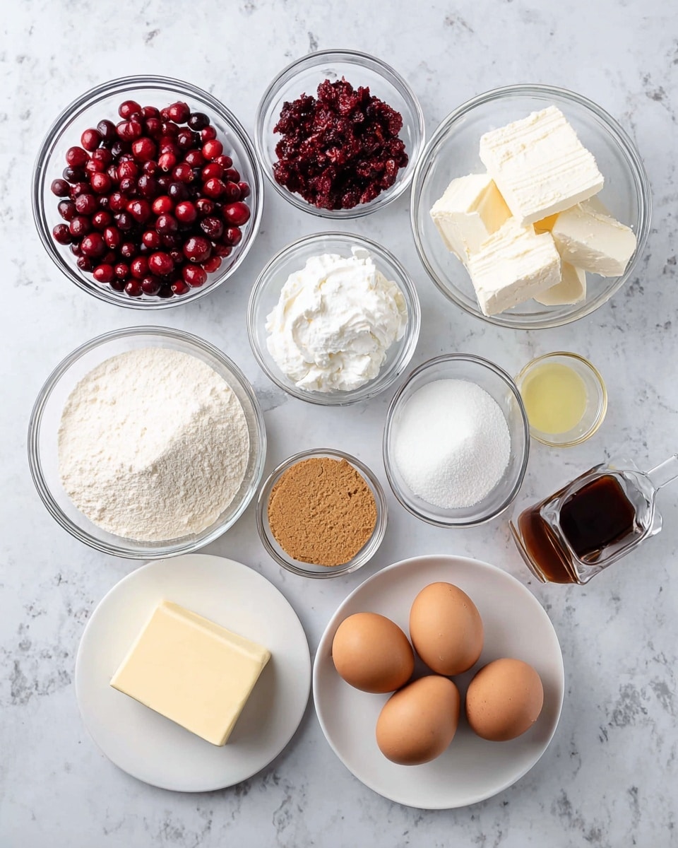 The image shows an overhead view of baking ingredients neatly arranged on a white marbled surface. There are eleven clear glass bowls and one white plate spread out. The bowls contain fresh red cranberries, large white cream cheese blocks, fluffy white whipped cream, granulated sugar, light brown ground graham crackers, and fine white sugar. Four brown eggs are placed together, along with a small clear glass container holding a dark amber liquid, likely vanilla extract, and a tiny bowl of pale yellow lemon juice. On a small white plate sits a square stick of pale yellow butter. Everything is clean and well-organized, ready for baking. photo taken with an iphone --ar 4:5 --v 7