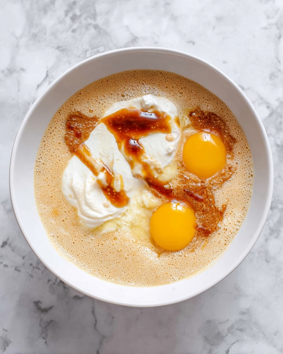 A white bowl holds a mixture with three main layers: a light brown frothy batter covering most of the bowl, two bright yellow egg yolks sitting in clear egg whites slightly pooled on one side, and a dollop of thick white cream with a drizzle of dark brown syrup on top of the batter near the yolks. The bowl is placed on a white marbled surface photo taken with an iphone --ar 4:5 --v 7