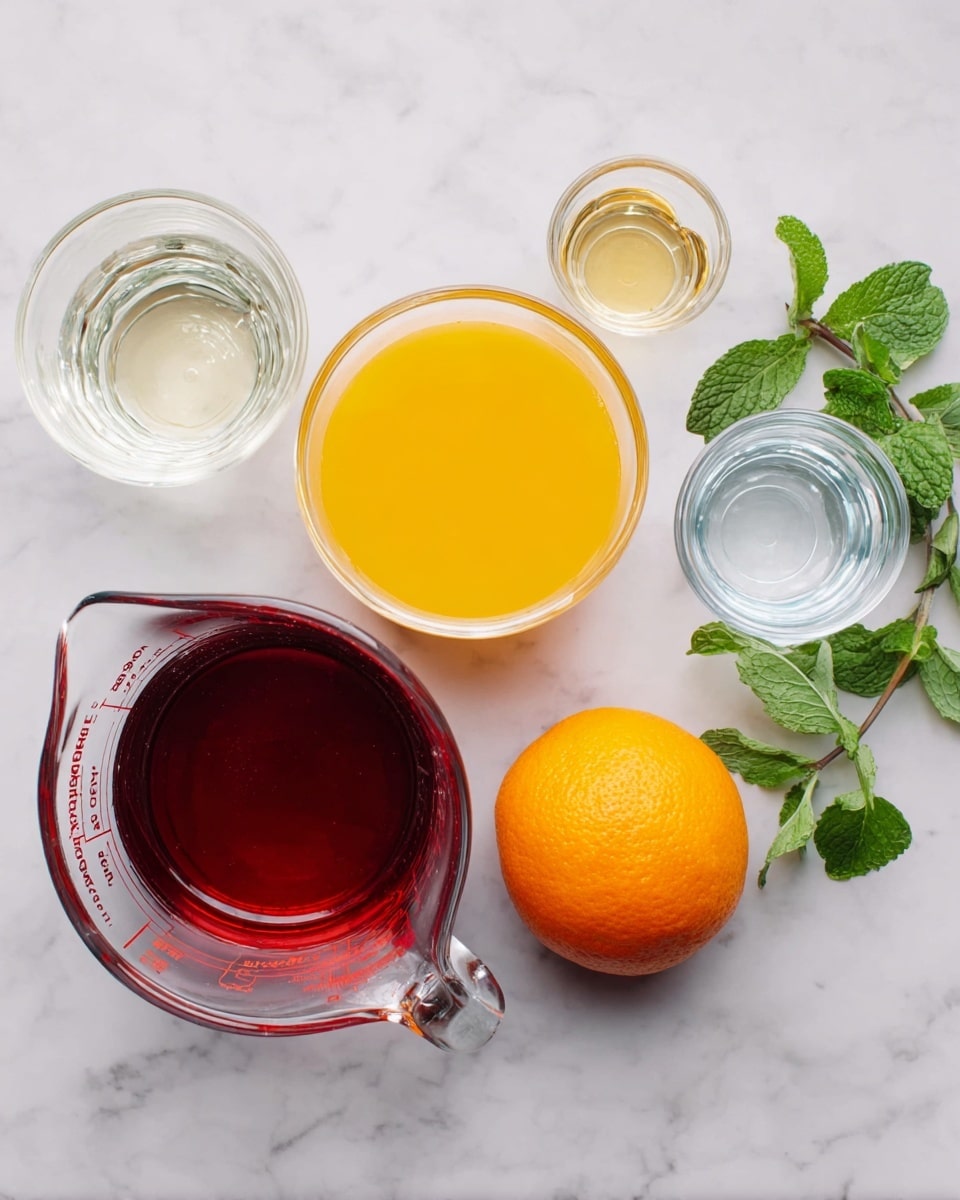 The image shows five items placed on a white marbled surface: a clear glass cup with a transparent liquid, a clear glass measuring cup filled with bright orange juice, a larger clear glass measuring cup filled with dark red liquid, a smaller clear glass cup with a small amount of clear liquid, a fresh whole orange with bright orange skin, and a few sprigs of fresh green mint leaves. All items are arranged neatly with space between them, giving a clean and fresh look. photo taken with an iphone --ar 4:5 --v 7