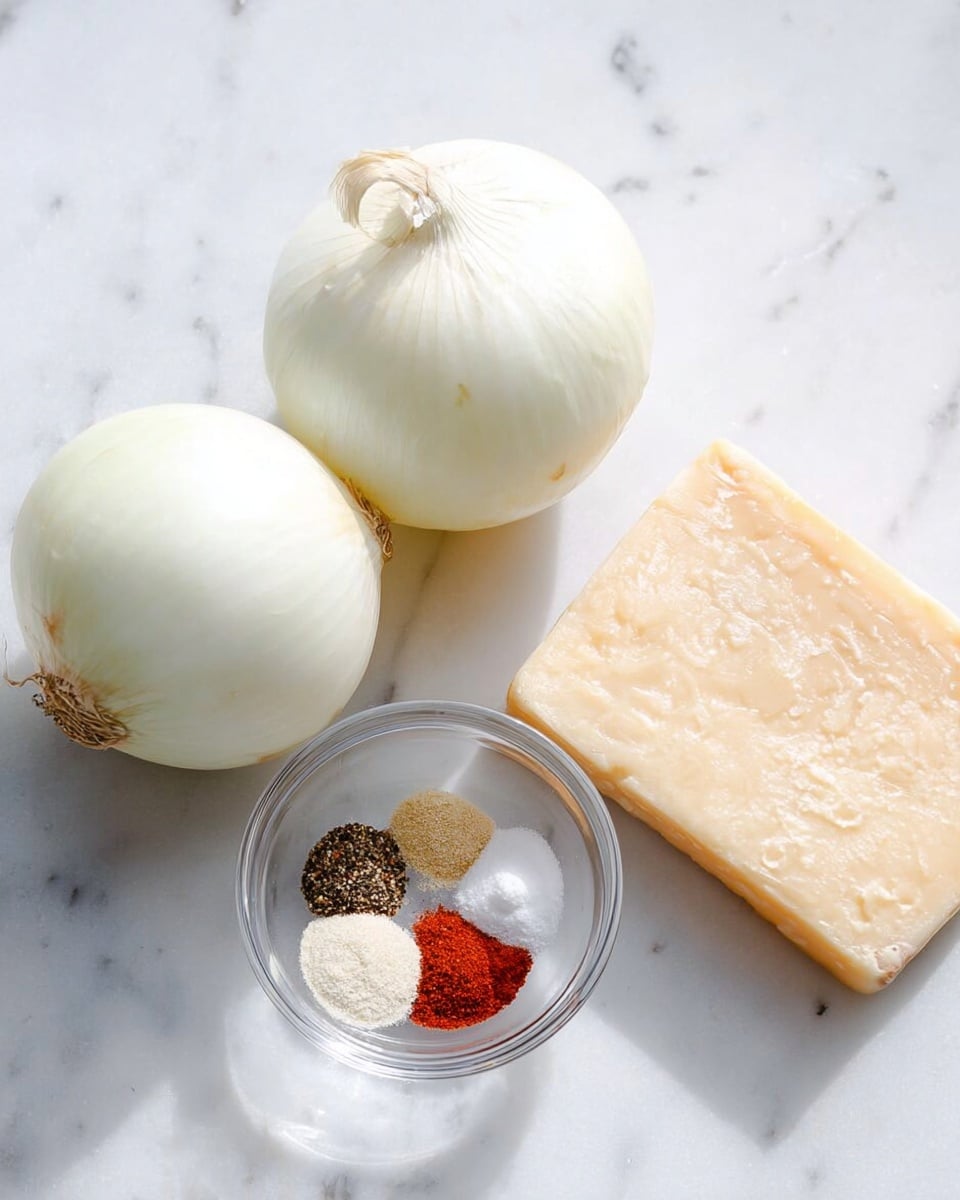 The image shows two whole white onions placed on a white marbled surface, positioned on the left side. To the right of the onions, there is a rectangular block of pale yellow cheese with a slightly rough texture on its edges. Further to the right, a small clear glass bowl contains four different spices arranged in separate small piles: black pepper, white salt, a light beige powder, and a bright red powder. The overall scene is bright and clean looking with a simple arrangement. photo taken with an iphone --ar 4:5 --v 7