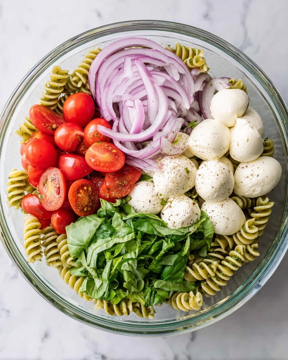 A clear glass bowl sits on a white marbled surface, holding a colorful pasta salad arranged in distinct sections. At the base is a bed of green pesto-coated spiral pasta. On top, starting from the left, there is a pile of thinly sliced purple onion with its soft rings slightly separated. Next to it, bright red cherry tomatoes are halved and piled neatly. Below the tomatoes, small white mozzarella balls are grouped closely, sprinkled lightly with black pepper and salt. At the bottom of the bowl, fresh green basil leaves are roughly chopped and stacked together, creating a fresh and vivid contrast. Photo taken with an iphone --ar 4:5 --v 7