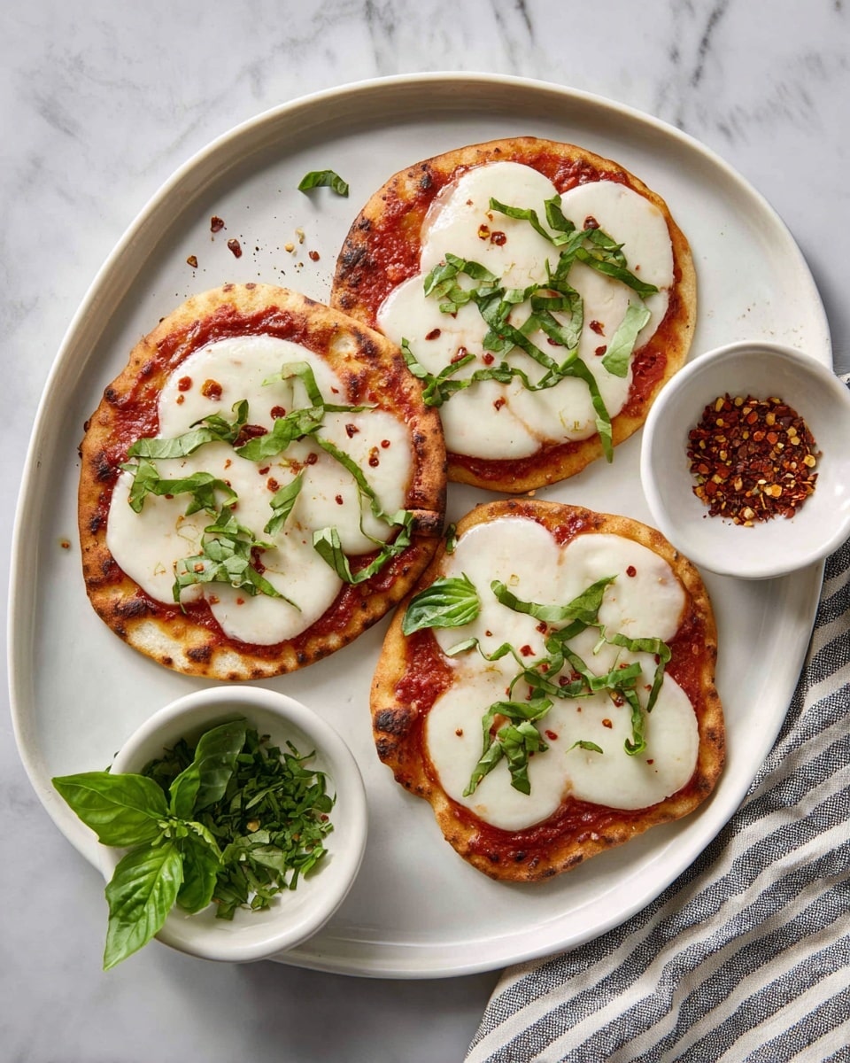 Three small round flatbreads are placed on a large white plate over a white marbled surface. Each flatbread has a light golden crust with slightly charred edges. The first layer is a spread of red tomato sauce covering the crust. On top, there are three to four thick smooth white cheese slices, melted slightly, covering most of the flatbread. Fresh green basil leaves are scattered over the cheese, with some dried red pepper flakes sprinkled around. Two small white bowls are on the plate next to the flatbreads; one bowl holds additional chopped fresh basil, and the other contains red pepper flakes. A striped cloth napkin is partially visible on the right side of the plate. photo taken with an iphone --ar 4:5 --v 7