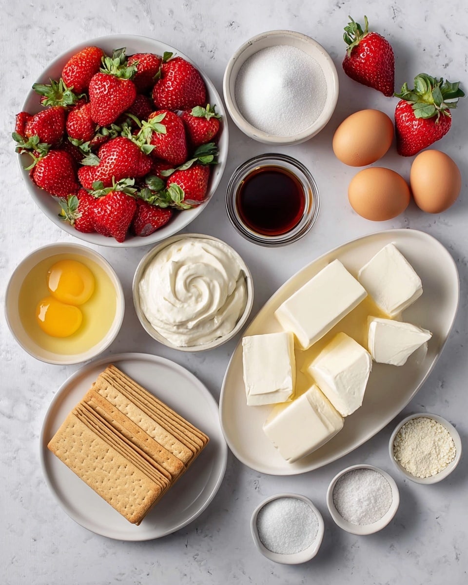 The image shows a large white bowl filled with fresh, bright red strawberries with green tops on the left side. Next to it is a white bowl of white sugar and a small clear glass bowl with dark liquid, likely vanilla extract. On the right, a white oval plate holds four large blocks of cream cheese. Near the center, there is a small white bowl with creamy white whipped cream and a few small bowls with white powders like baking powder and salt scattered around. In the lower part of the image, a white plate holds a neat pile of rectangular light brown graham crackers. To the left are three brown eggs in a round white bowl and a white bowl with melted yellow butter. Everything is placed on a white marbled surface, giving a clean, fresh look. Photo taken with an iphone --ar 4:5 --v 7