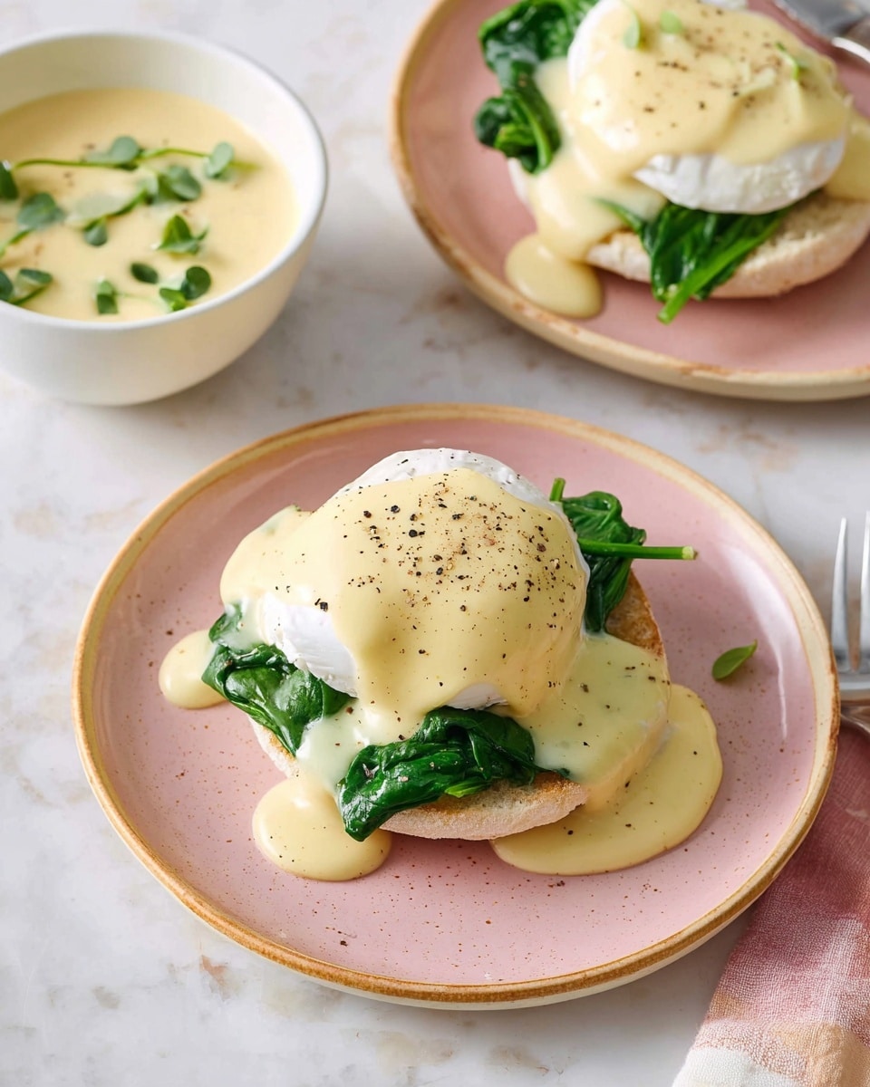 The image shows an Eggs Florentine dish on a round white plate with a soft texture. One English muffin half forms the base layer, toasted light brown and slightly rough in texture. On top of this is a layer of bright green cooked spinach, wilted but still fresh-looking. Above the spinach is a perfectly poached white egg with a soft, smooth surface, topped with creamy light yellow hollandaise sauce that drapes over the egg and slightly onto the spinach. The egg is sliced open, releasing golden-yellow yolk that spills onto the spinach below. There is a knife with yellow yolk spread on its blade and a fork resting in front of the muffin. The plate is placed on a white marbled textured surface. In the background, a white bowl filled with hollandaise sauce with small green herb bits and a spoon can be seen, along with a second similar muffin partially visible on a white plate. Photo taken with an iphone --ar 4:5 --v 7