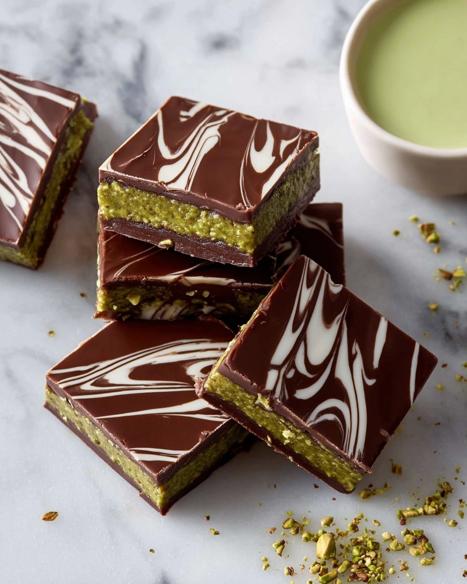A chocolate bar is shown broken into two pieces, each piece has a smooth dark brown top layer with white swirls drizzled across it. The bar is divided into six square sections with clean edges. Between the two chocolate layers is a thick green filling that looks textured and herbal, visible clearly in the broken sections. A woman's hand is holding one piece of the bar from the bottom left corner. The bar rests on a white marbled surface with some small green nut pieces scattered around. A bowl with green creamy dip or spread is partially visible in the top left corner. photo taken with an iphone --ar 4:5 --v 7