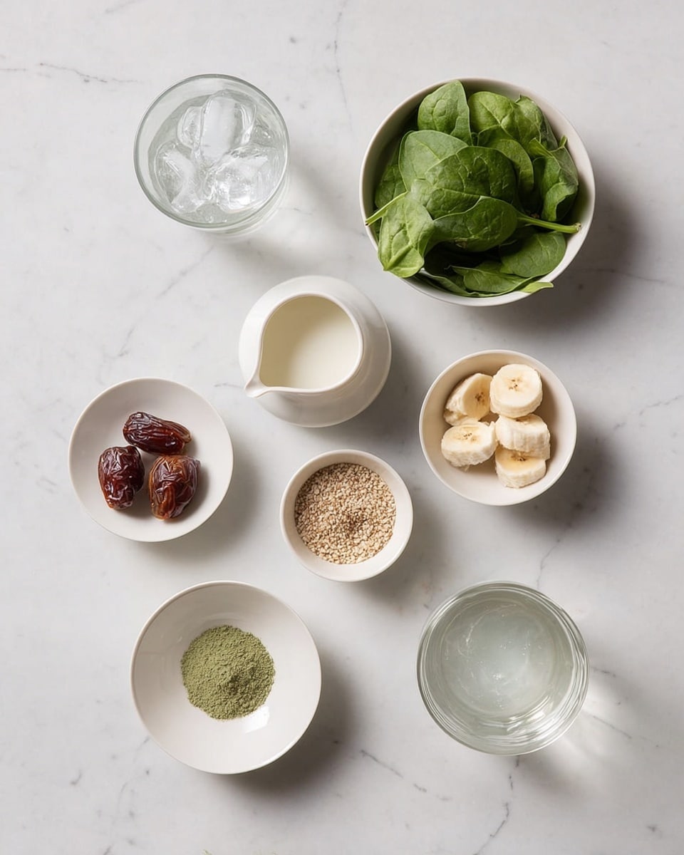 The image shows eight small white bowls and a glass cup arranged on a white marbled surface. Starting from the top right, there is a bowl filled with fresh green spinach leaves, next to a small bowl holding frozen banana slices. Below these, a white pitcher contains a small amount of milk or cream. Below the pitcher, a small bowl holds a light brown powder, and next to it, another bowl contains finely ground green matcha powder. To the left, a small bowl has two dark brown dates. Above the dates, a small round bowl is filled with a light mixture of seeds or grains. Next to that, a glass cup contains a clear liquid, likely water. Finally, at the top left, a white bowl contains three ice cubes. All bowls are simple and white, and the whole setup is clean and minimalist. photo taken with an iphone --ar 4:5 --v 7