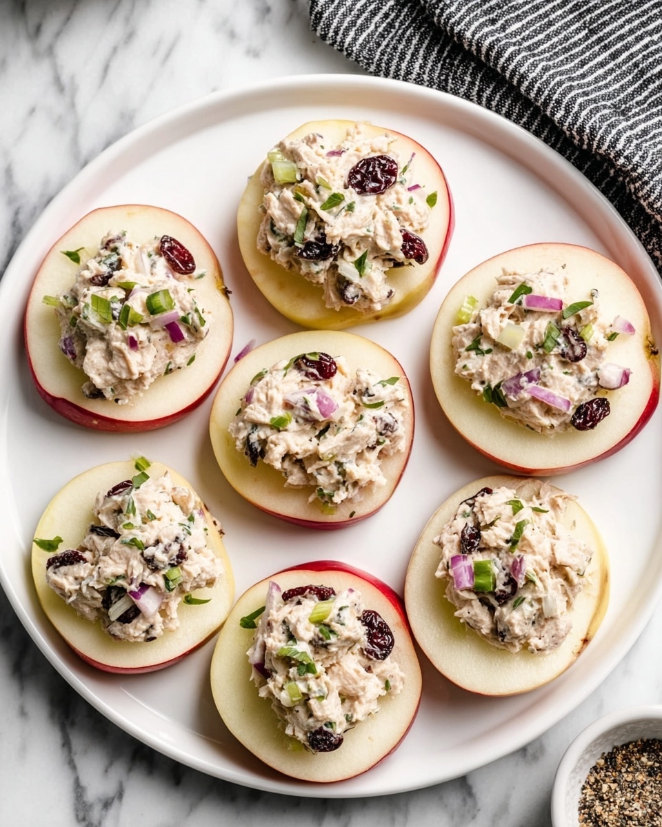 The image shows a white plate with seven thin, round apple slices arranged neatly. Each slice is topped with a creamy, chunky mixture that looks like tuna salad, filled with small bits of red onion, celery, and dark raisins or cranberries. Small green herb leaves are sprinkled on top of some portions. The plate sits on a white marbled surface with a black-and-white striped cloth visible in the upper right corner and small dishes holding pepper and salt visible on the lower right side. Photo taken with an iphone --ar 4:5 --v 7