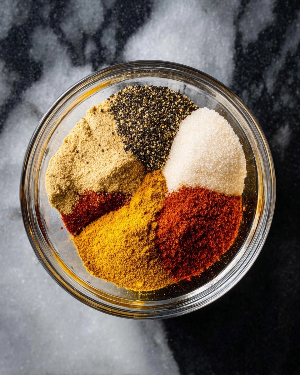 A clear glass bowl sits on a white marbled surface, filled with seven different dry spices arranged in separate small piles. Starting from the top and moving clockwise, there is a pile of ground black pepper in dark gray with black specks; next is a light tan powder of garlic powder; followed by bright white granulated salt; a deep reddish-brown paprika spice; a pale beige powder that looks like onion powder; another pile of bright red paprika; and finally a vibrant yellow turmeric powder. The spices form a colorful wheel inside the bowl, each with a coarse or fine texture, showing clear contrast between the layers. photo taken with an iphone --ar 4:5 --v 7