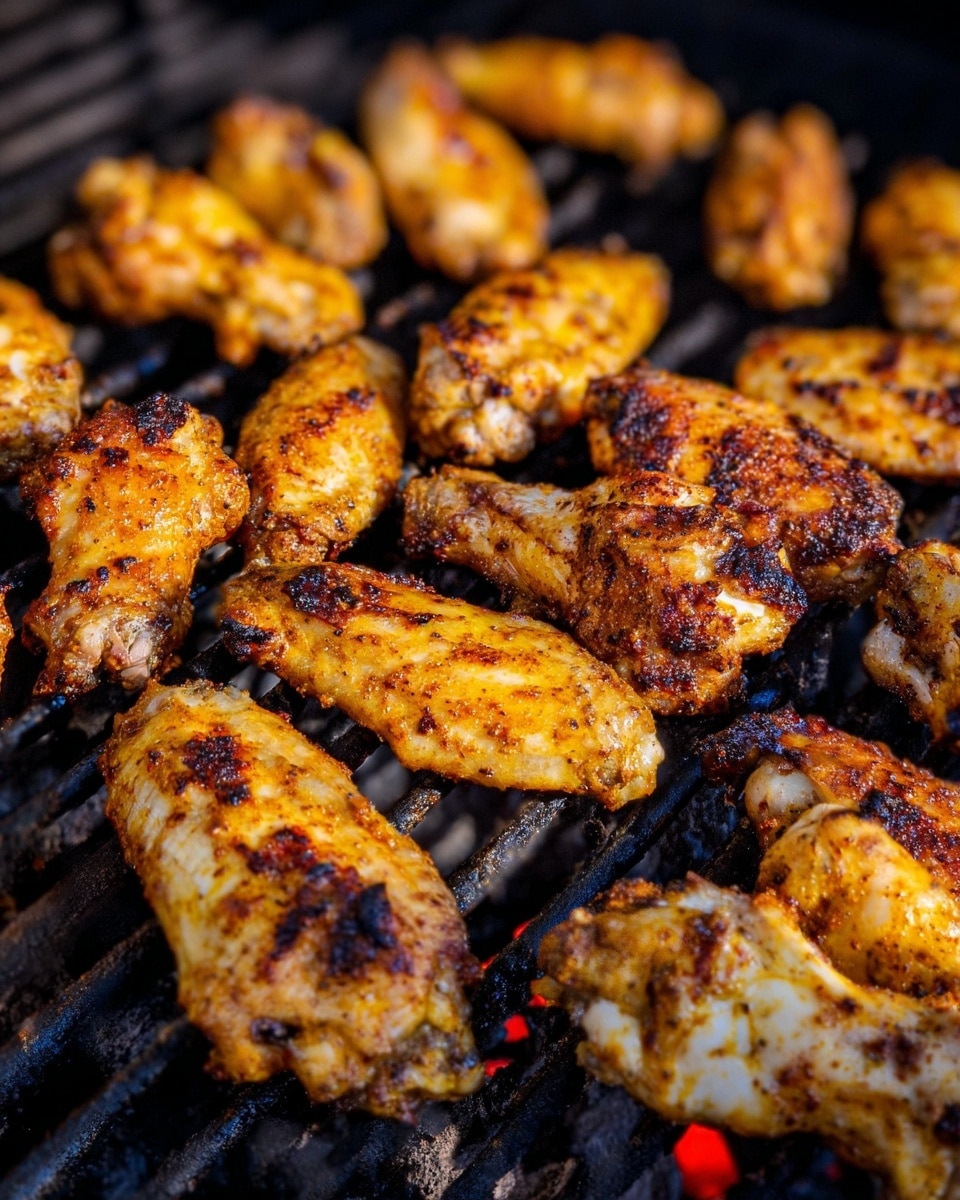The image shows many golden-brown chicken wings cooking on a black grill. The wings have a slightly crispy texture with some darker char marks and a mix of light and deep orange-brown colors from seasoning. The grill bars run horizontally under the wings with a few small red embers glowing beneath them. The focus is on the varied sizes and shapes of the wings as they cook evenly across the grill surface. Photo taken with an iphone --ar 4:5 --v 7