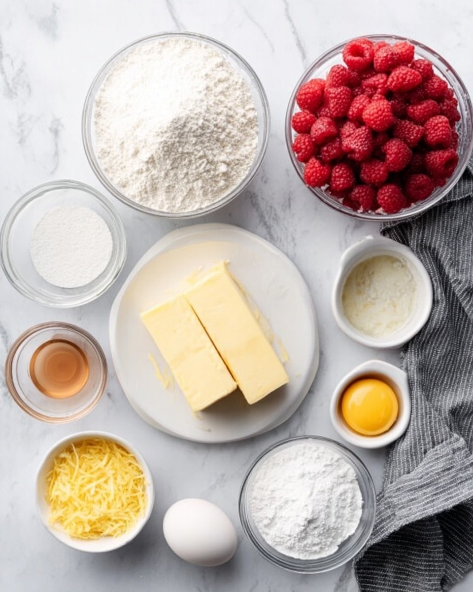 The image shows several clear glass bowls and a white plate with different cooking ingredients arranged on a white marbled surface. Starting from the top left, there is a bowl filled with white flour, next to it is a smaller bowl with white granulated sugar. To the right is a bowl filled with fresh red raspberries. Below the raspberries is a small bowl with a light brown liquid, and next to it is a bowl with a clear liquid. Below the flour bowl is a white plate holding two rectangular blocks of pale yellow butter. In the middle lower part of the image is a small bowl with a raw egg. To the right of the egg is a small white bowl with grated yellow lemon zest, and next to it on the far right is a bowl filled with white powdered sugar. A grey-striped cloth is partially visible on the right side. Photo taken with an iphone --ar 4:5 --v 7