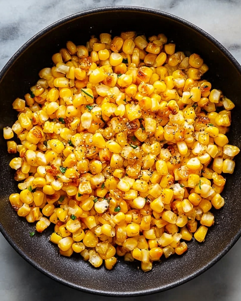 A close-up top view of a dark pan filled with cooked corn kernels that have a bright yellow color with some golden brown spots. The corn is slightly shiny from oil and has small bits of green herbs and black pepper sprinkled evenly on top. The pan is centered against a white marbled surface showing slight texture around the edges. photo taken with an iphone --ar 4:5 --v 7