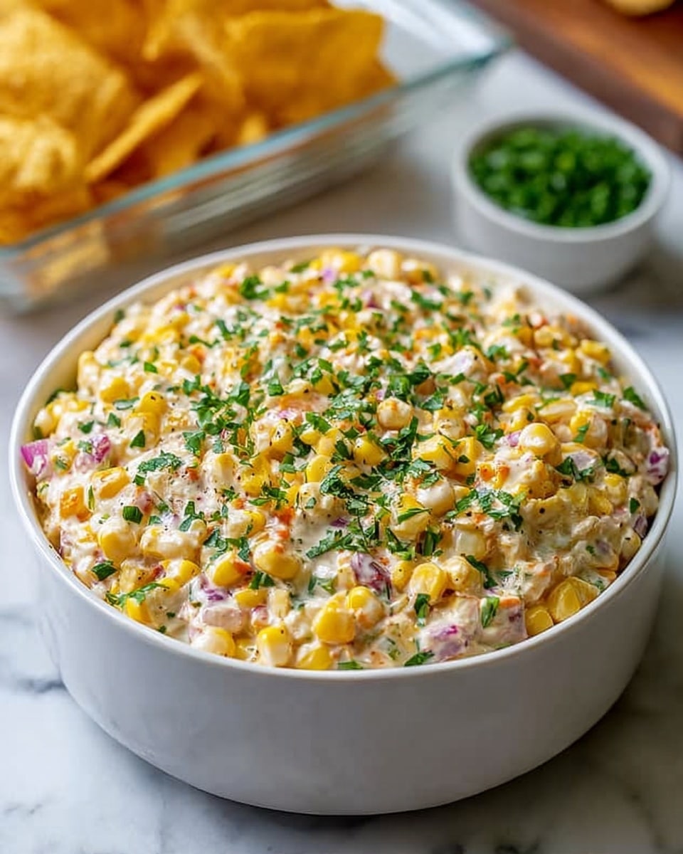 A white bowl filled with a creamy corn salad, showing yellow corn kernels mixed with small bits of red onion and orange pepper in a pale creamy base, topped with chopped fresh green herbs sprinkled evenly across the surface, set on a white marbled surface with a glass dish of tortilla chips and a small white bowl of green herbs blurred in the background photo taken with an iphone --ar 4:5 --v 7