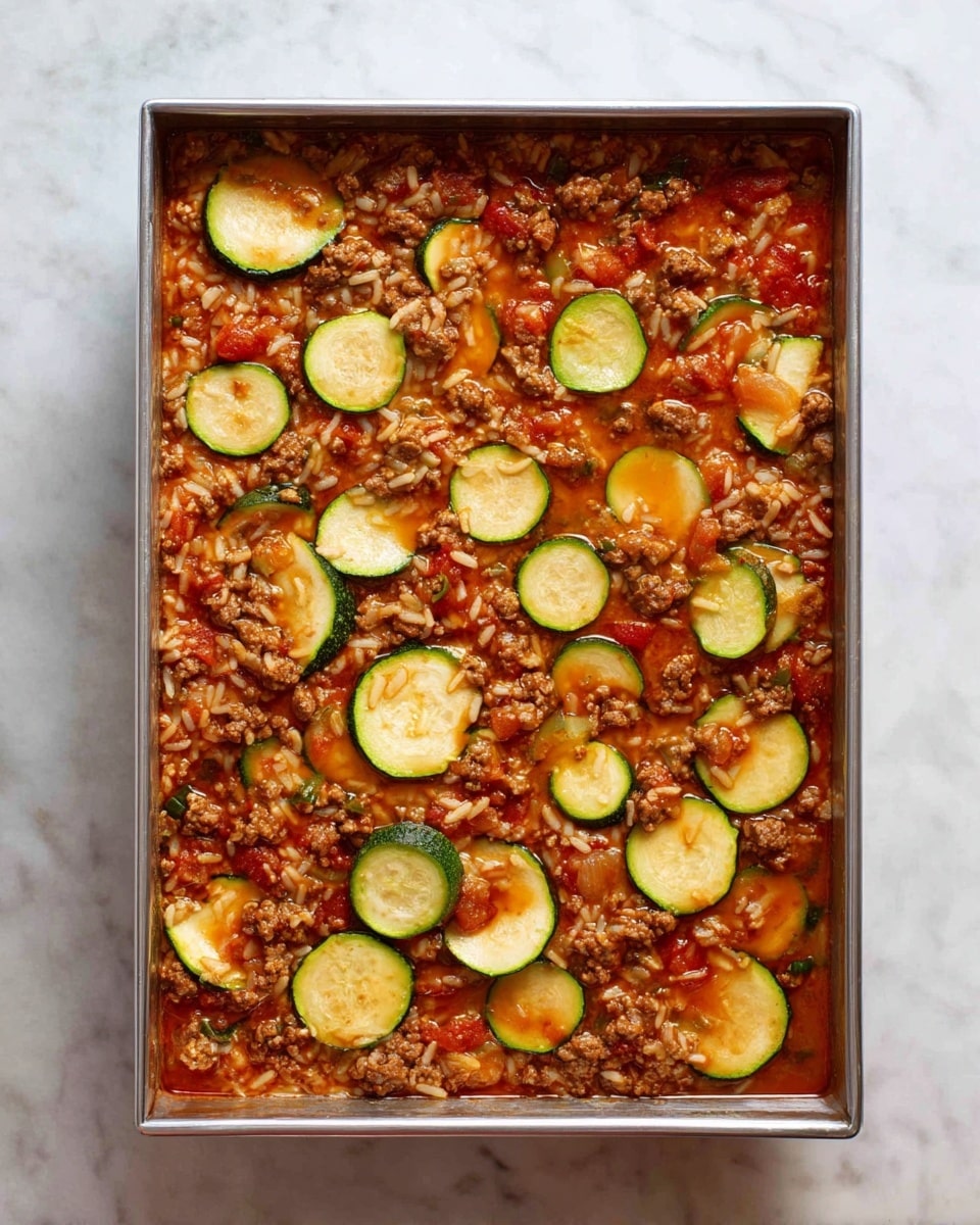A rectangular metal baking pan filled with a mixture of cooked ground meat, tomato sauce, diced tomatoes, rice, and sliced zucchini. The dish shows one visible layer with the browned ground meat mixed throughout the reddish-orange tomato sauce base. Bright green zucchini slices with pale centers are scattered evenly on the surface, adding a fresh contrast. Some bits of white and brown rice grains are mixed through, and the sauce is thick but smooth. The pan sits on a white marbled surface photo taken with an iphone --ar 4:5 --v 7